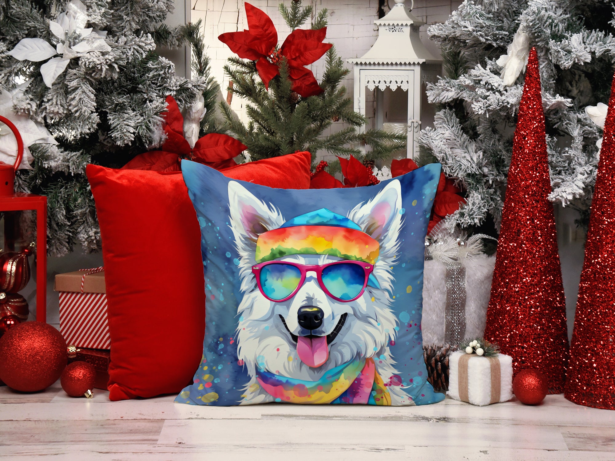 American Eskimo Hippie Dawg Fabric Decorative Pillow