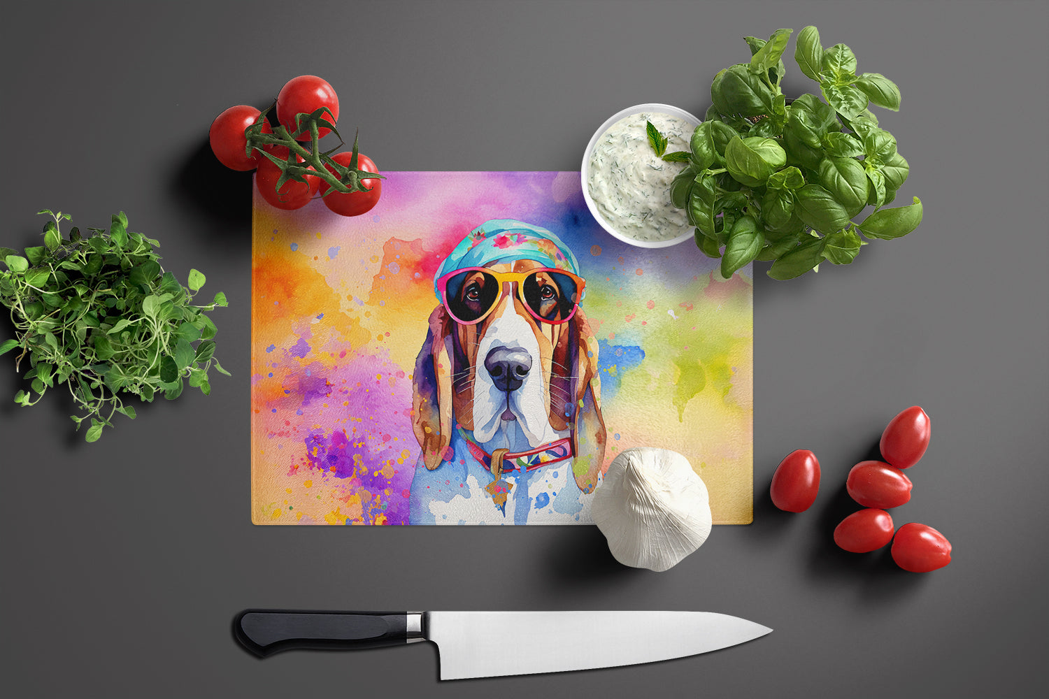 Basset Hound Hippie Dawg Glass Cutting Board Large