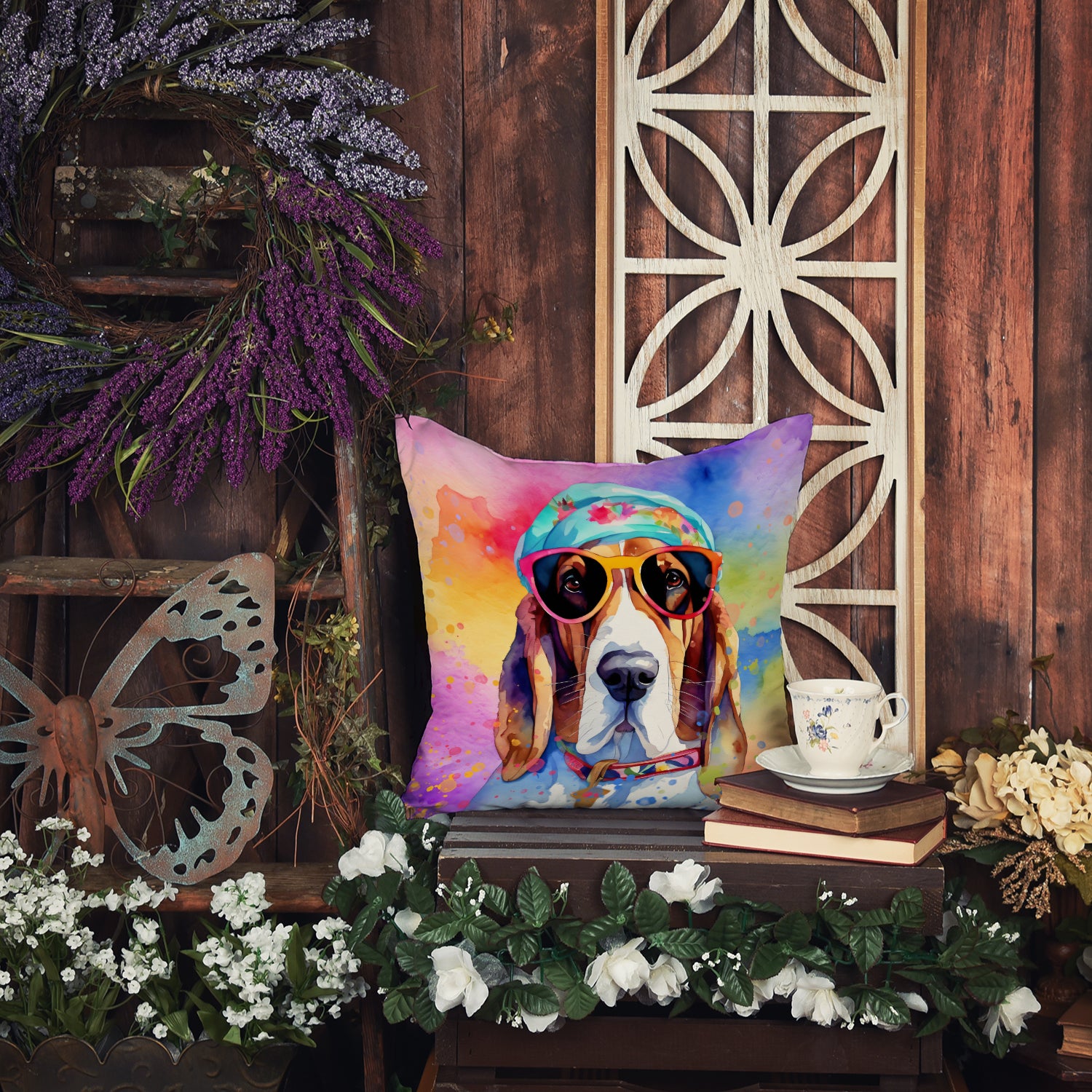 Basset Hound Hippie Dawg Fabric Decorative Pillow  the-store.com.