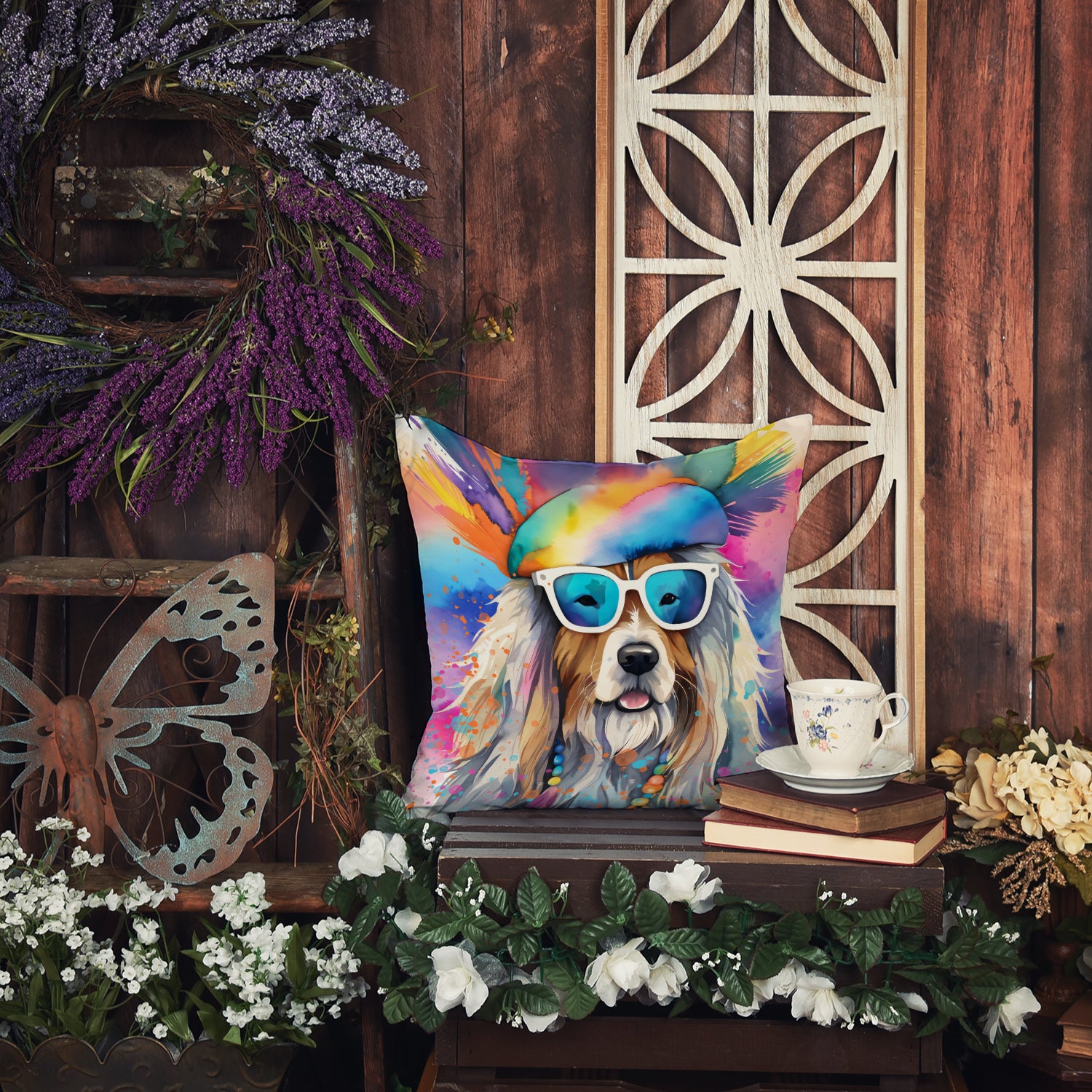 Bearded Collie Hippie Dawg Fabric Decorative Pillow