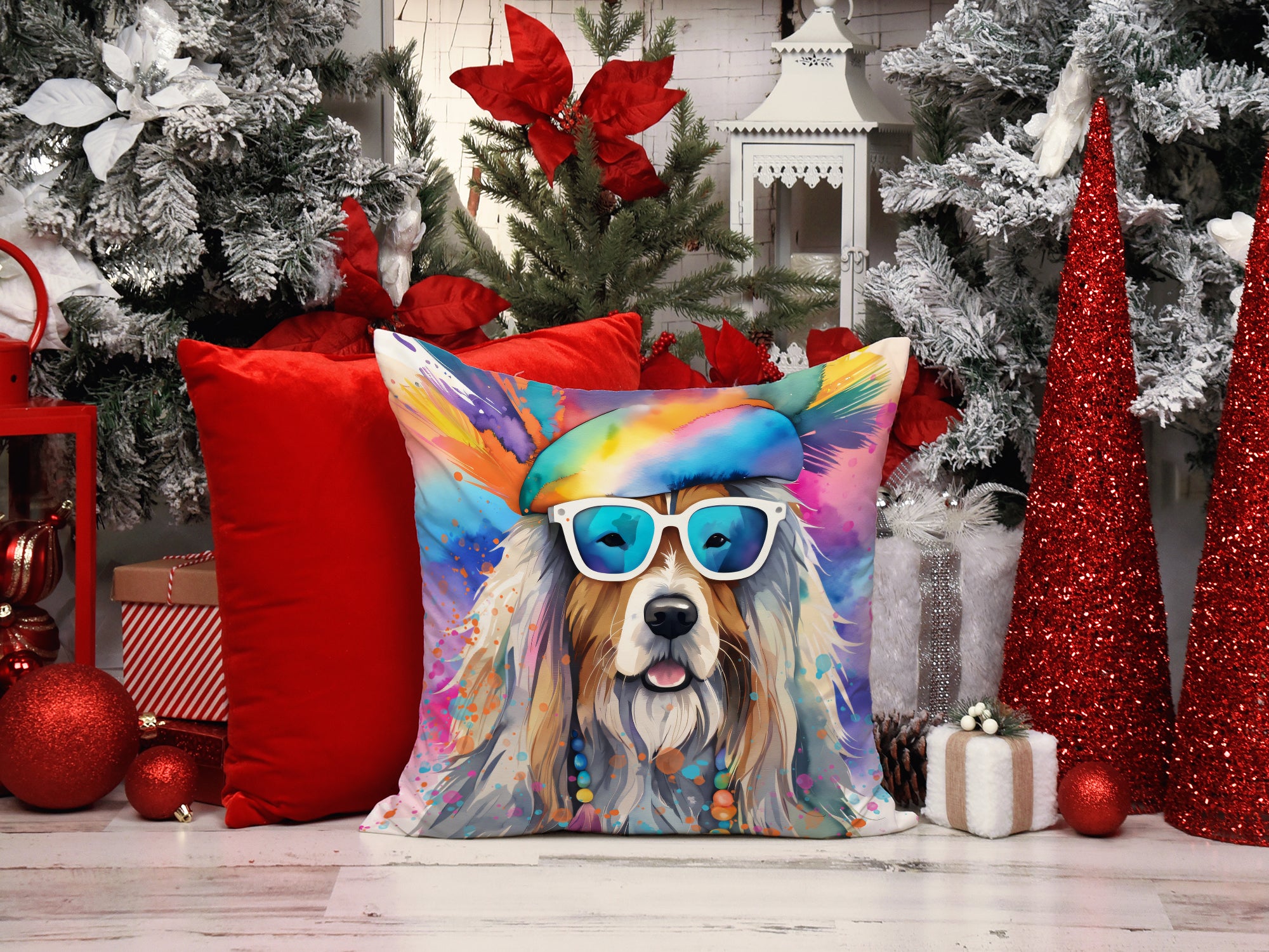 Bearded Collie Hippie Dawg Fabric Decorative Pillow