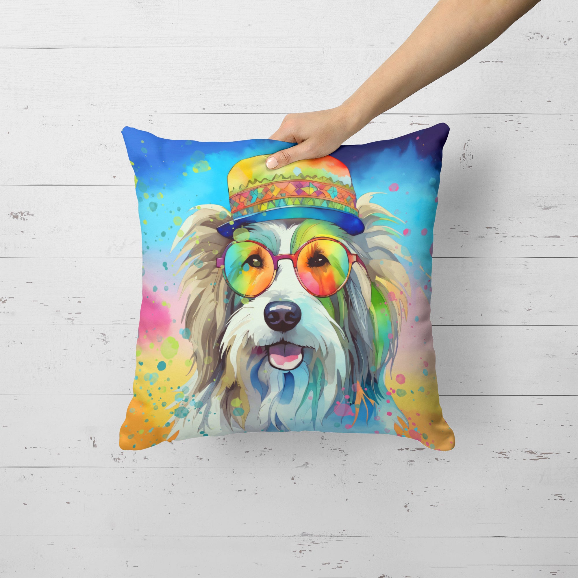 Bearded Collie Hippie Dawg Fabric Decorative Pillow  the-store.com.