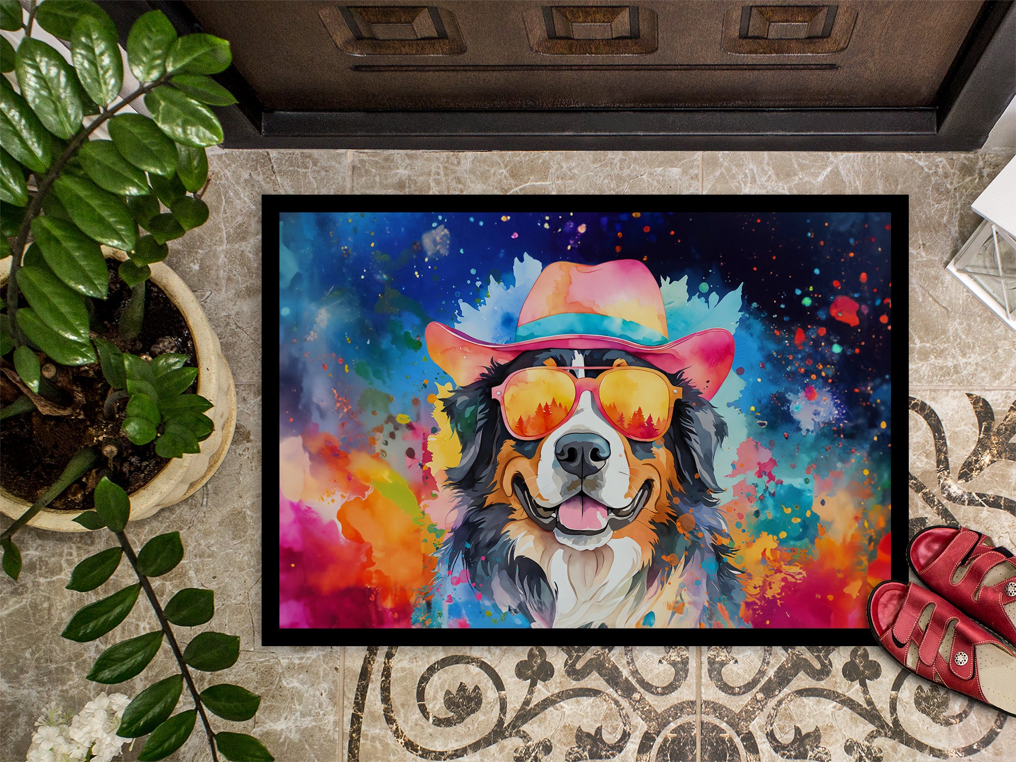 Bernese Mountain Dog Hippie Dawg Indoor or Outdoor Mat 24x36