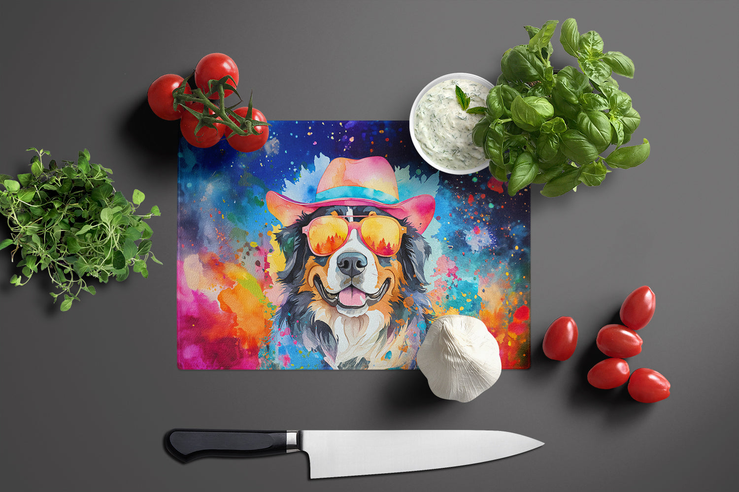 Bernese Mountain Dog Hippie Dawg Glass Cutting Board Large