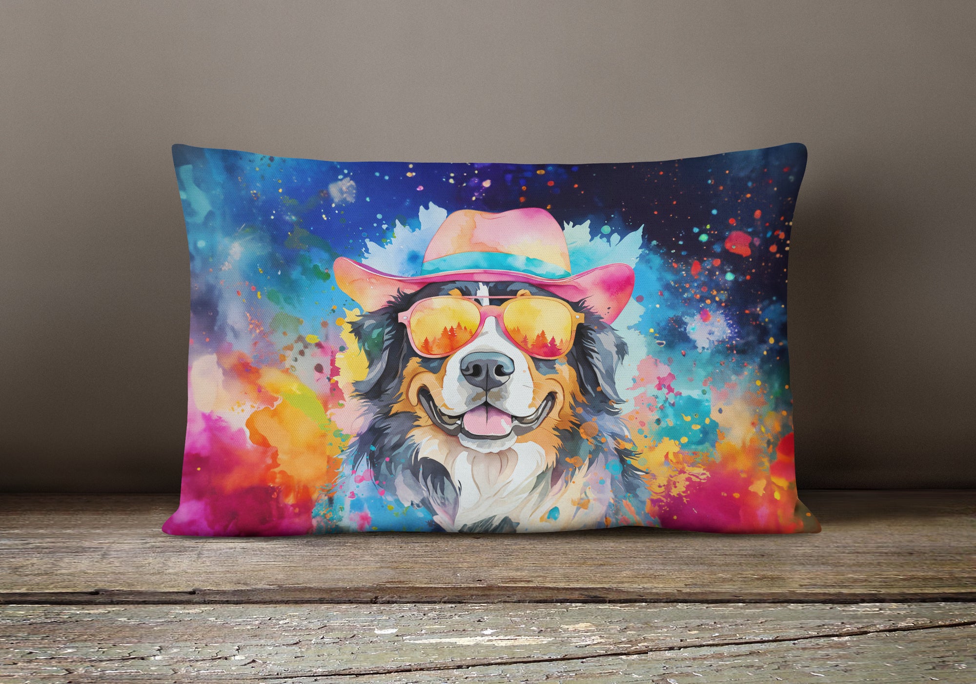 Bernese Mountain Dog Hippie Dawg Fabric Decorative Pillow