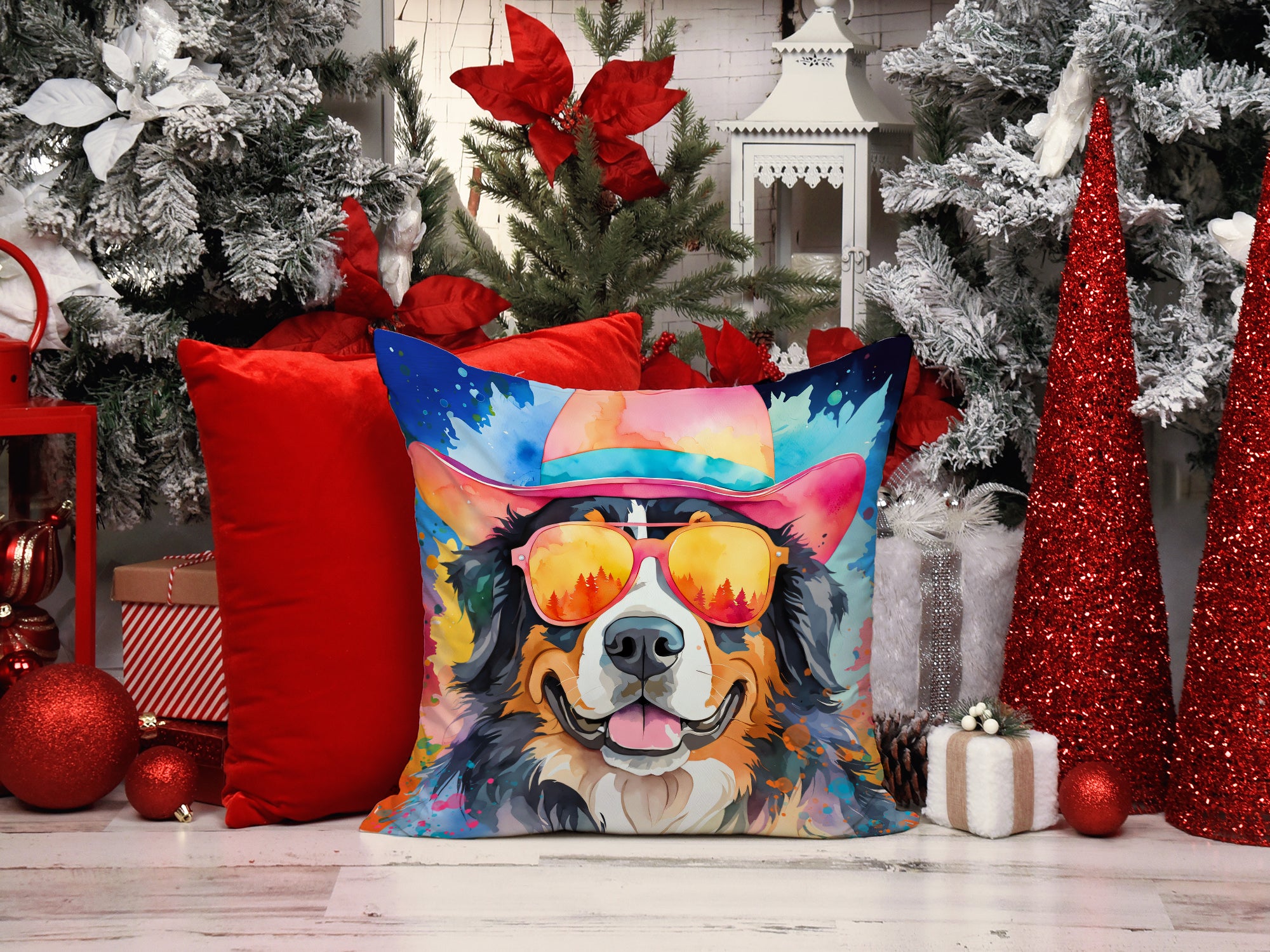 Bernese Mountain Dog Hippie Dawg Fabric Decorative Pillow