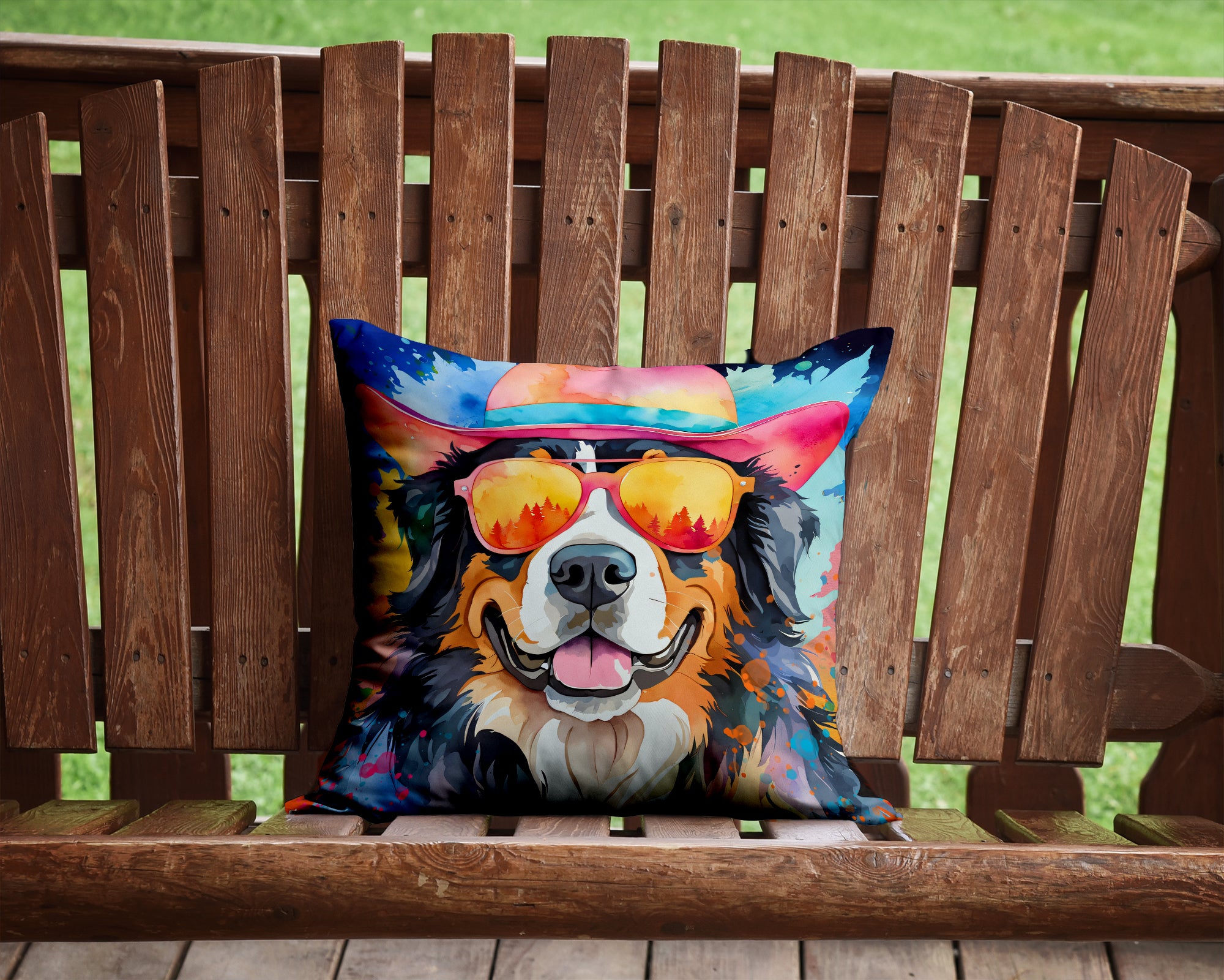 Bernese Mountain Dog Hippie Dawg Fabric Decorative Pillow