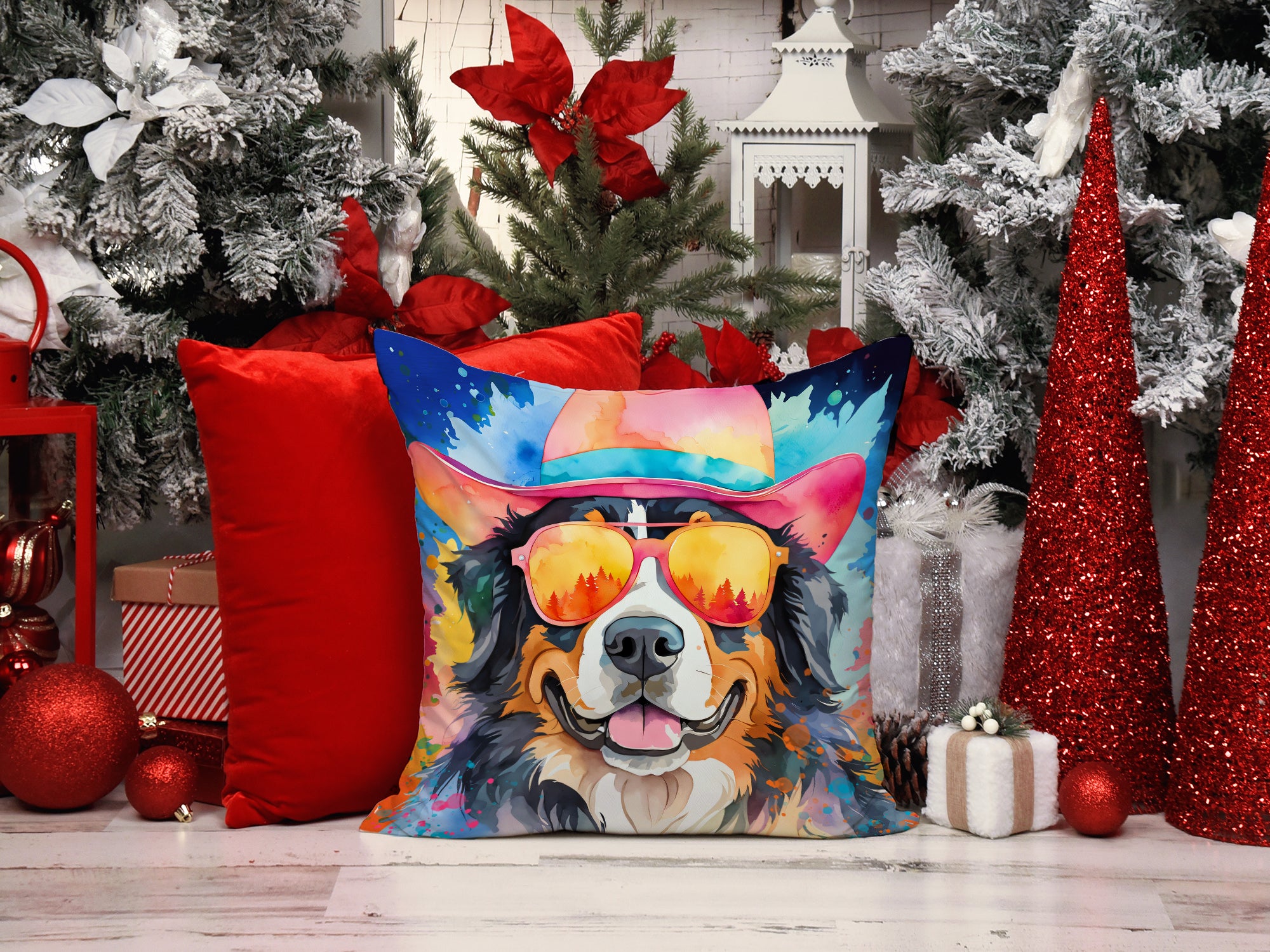 Bernese Mountain Dog Hippie Dawg Fabric Decorative Pillow  the-store.com.