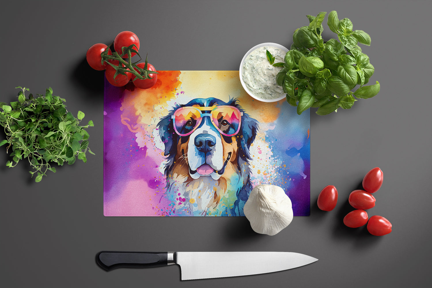 Bernese Mountain Dog Hippie Dawg Glass Cutting Board Large