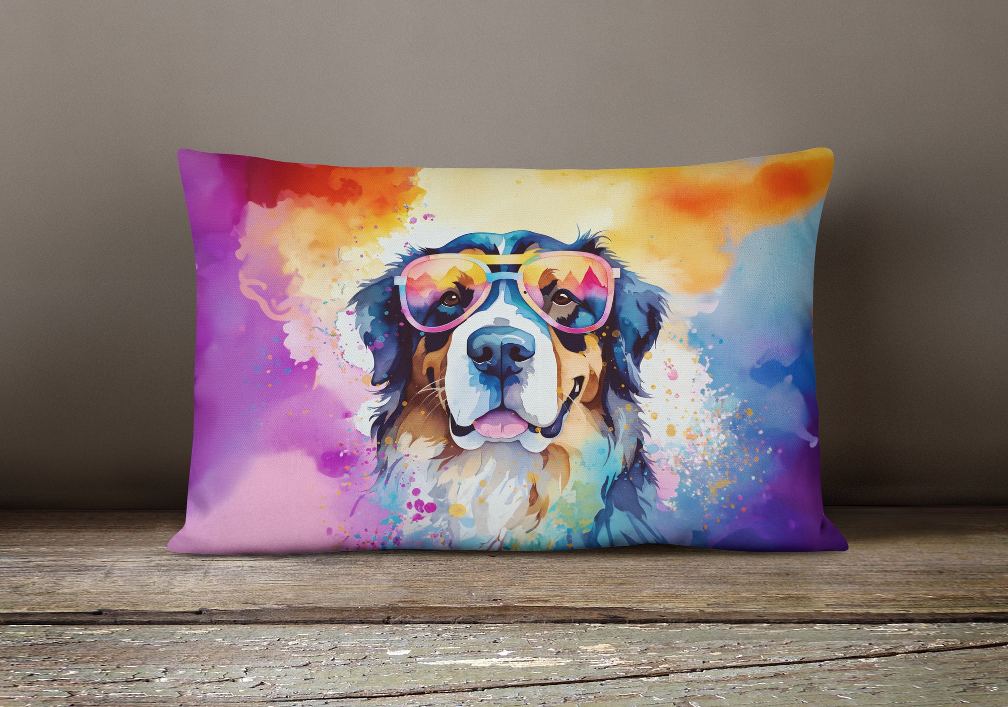 Bernese Mountain Dog Hippie Dawg Fabric Decorative Pillow  the-store.com.