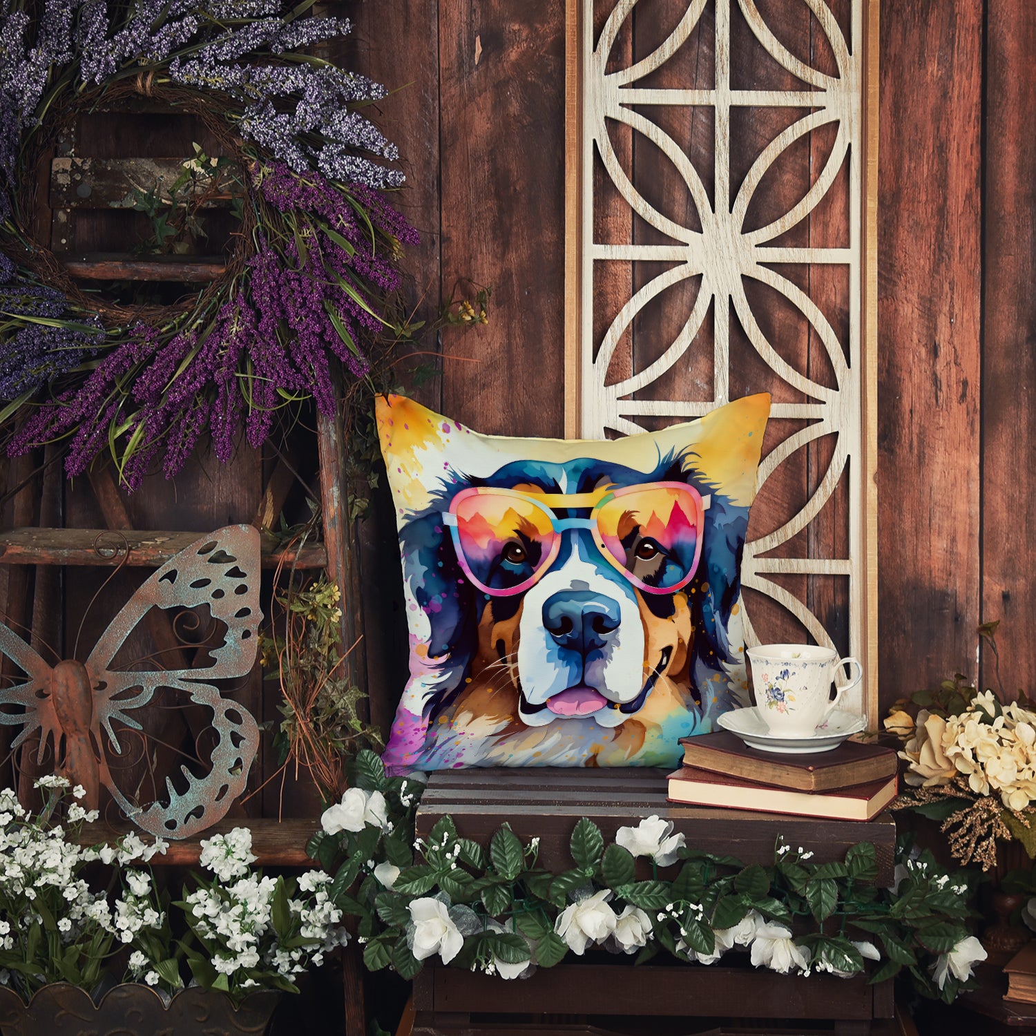 Bernese Mountain Dog Hippie Dawg Fabric Decorative Pillow