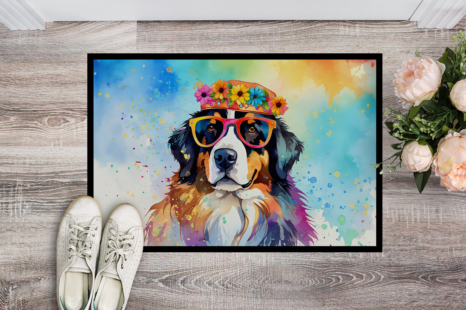 Bernese Mountain Dog Hippie Dawg Indoor or Outdoor Mat 24x36