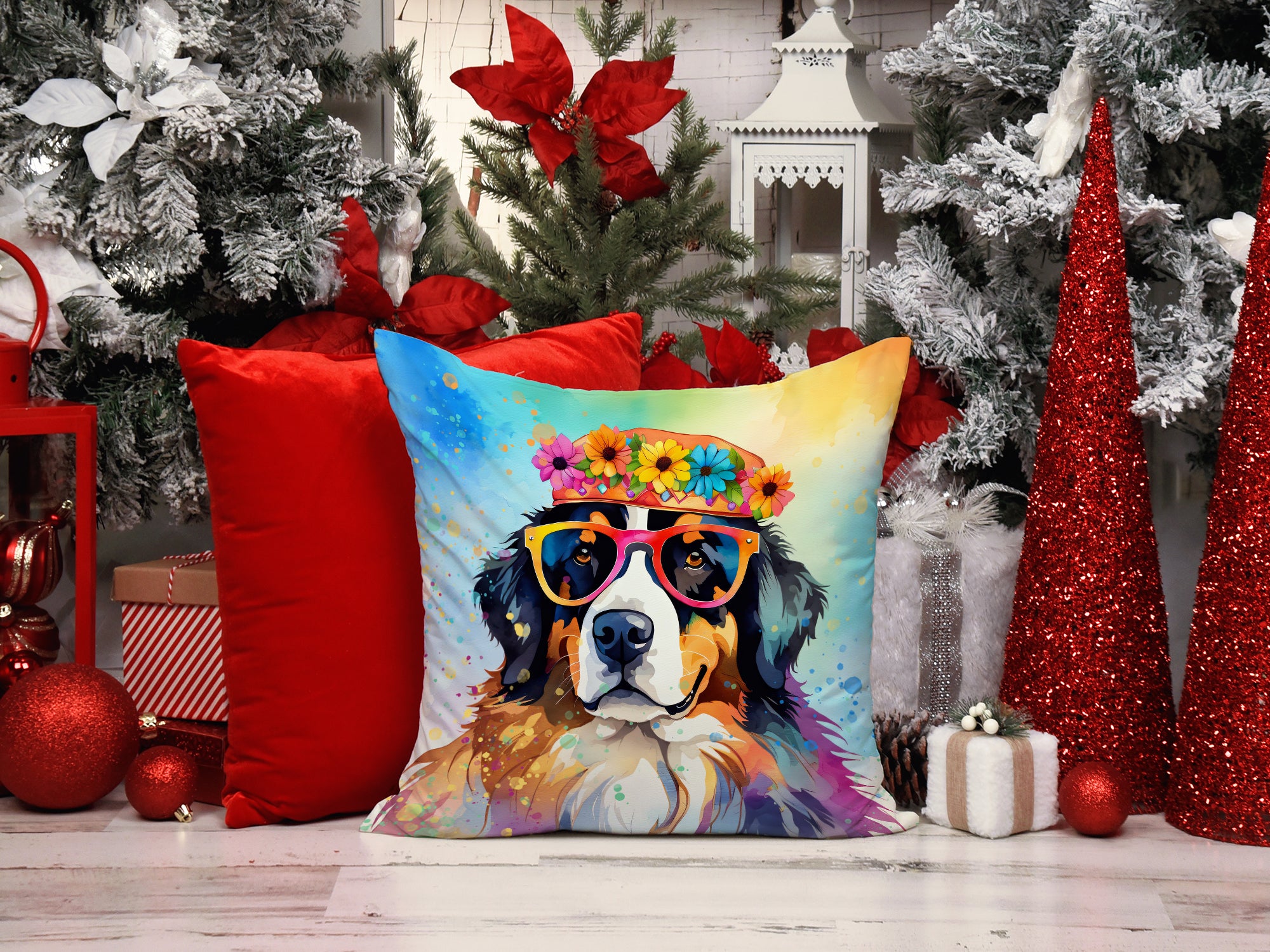 Bernese Mountain Dog Hippie Dawg Fabric Decorative Pillow