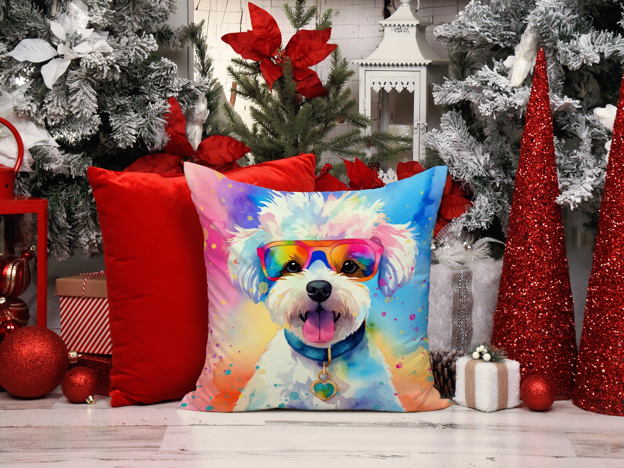 Bichon Frise Hippie Dawg Fabric Decorative Pillow