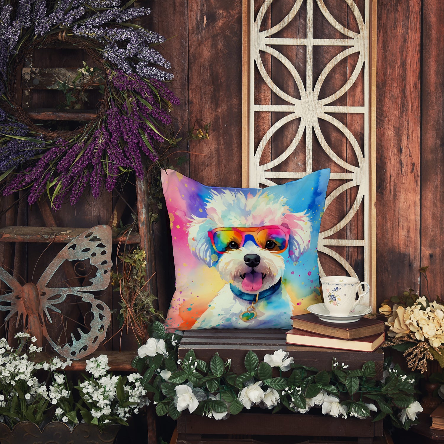 Bichon Frise Hippie Dawg Fabric Decorative Pillow