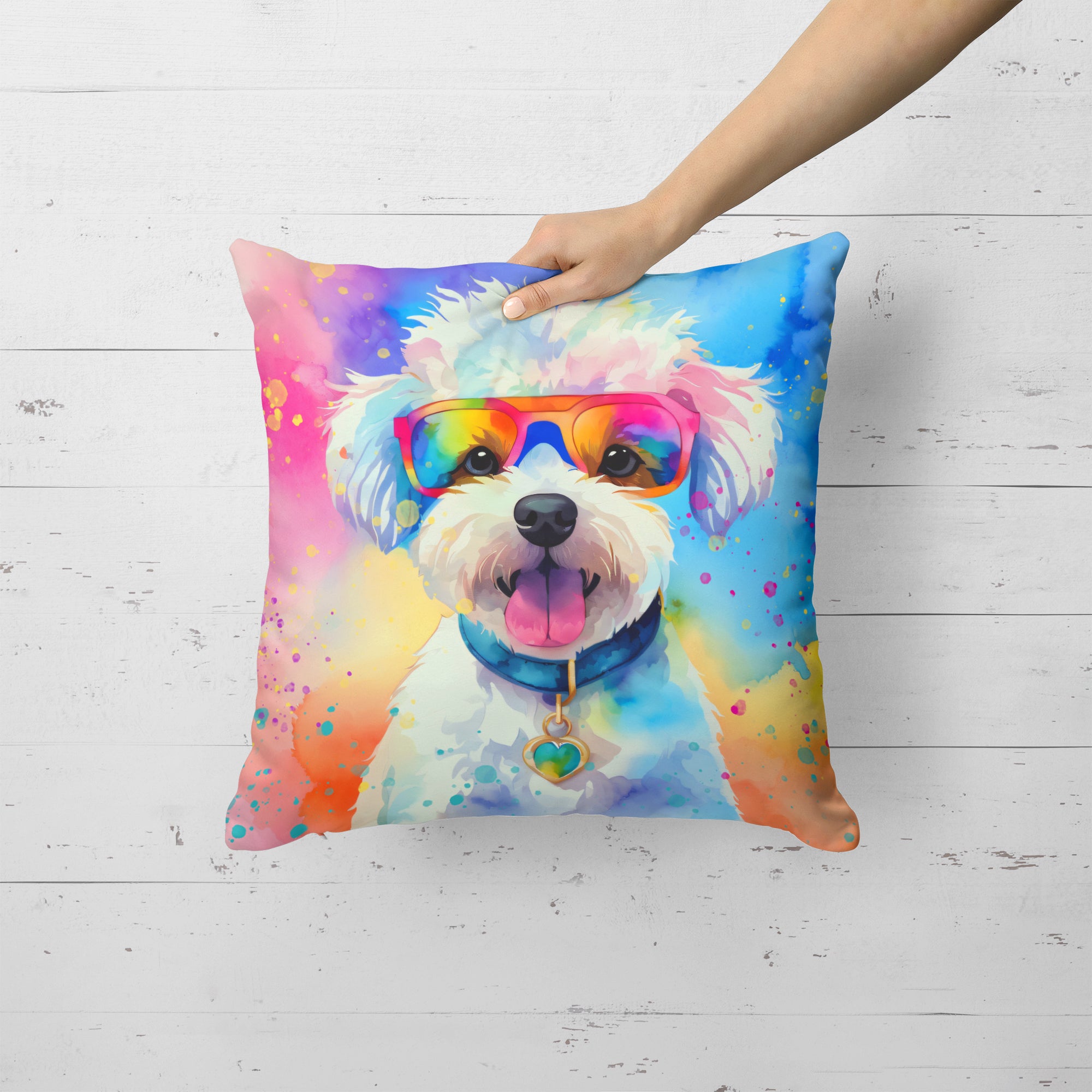 Bichon Frise Hippie Dawg Fabric Decorative Pillow