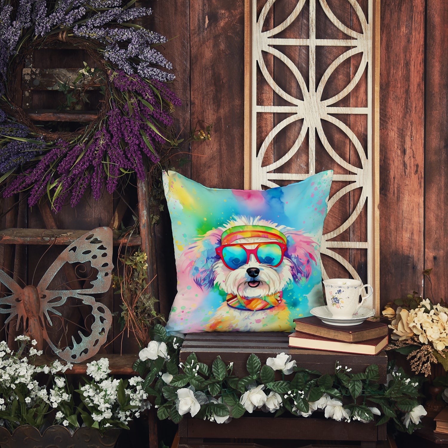 Bichon Frise Hippie Dawg Fabric Decorative Pillow