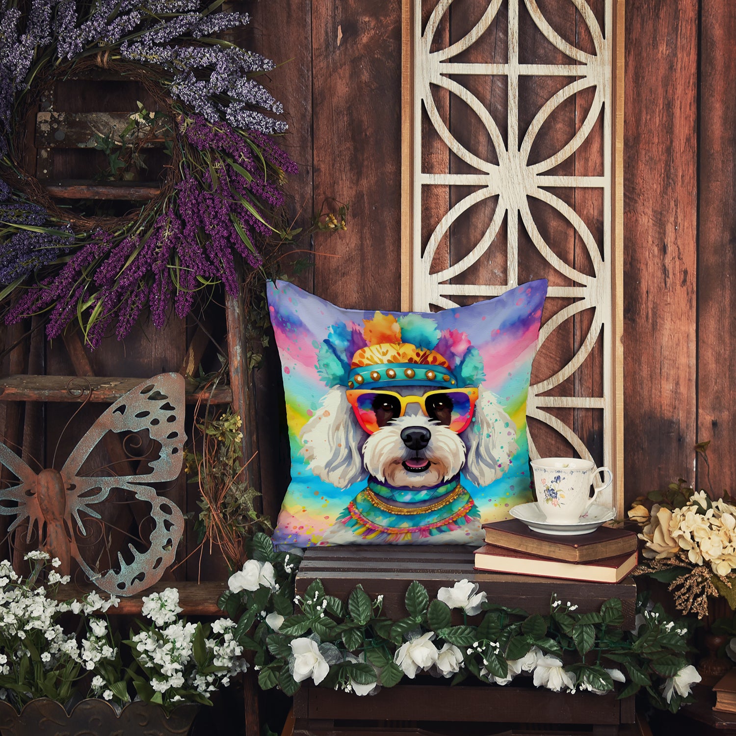 Bichon Frise Hippie Dawg Fabric Decorative Pillow