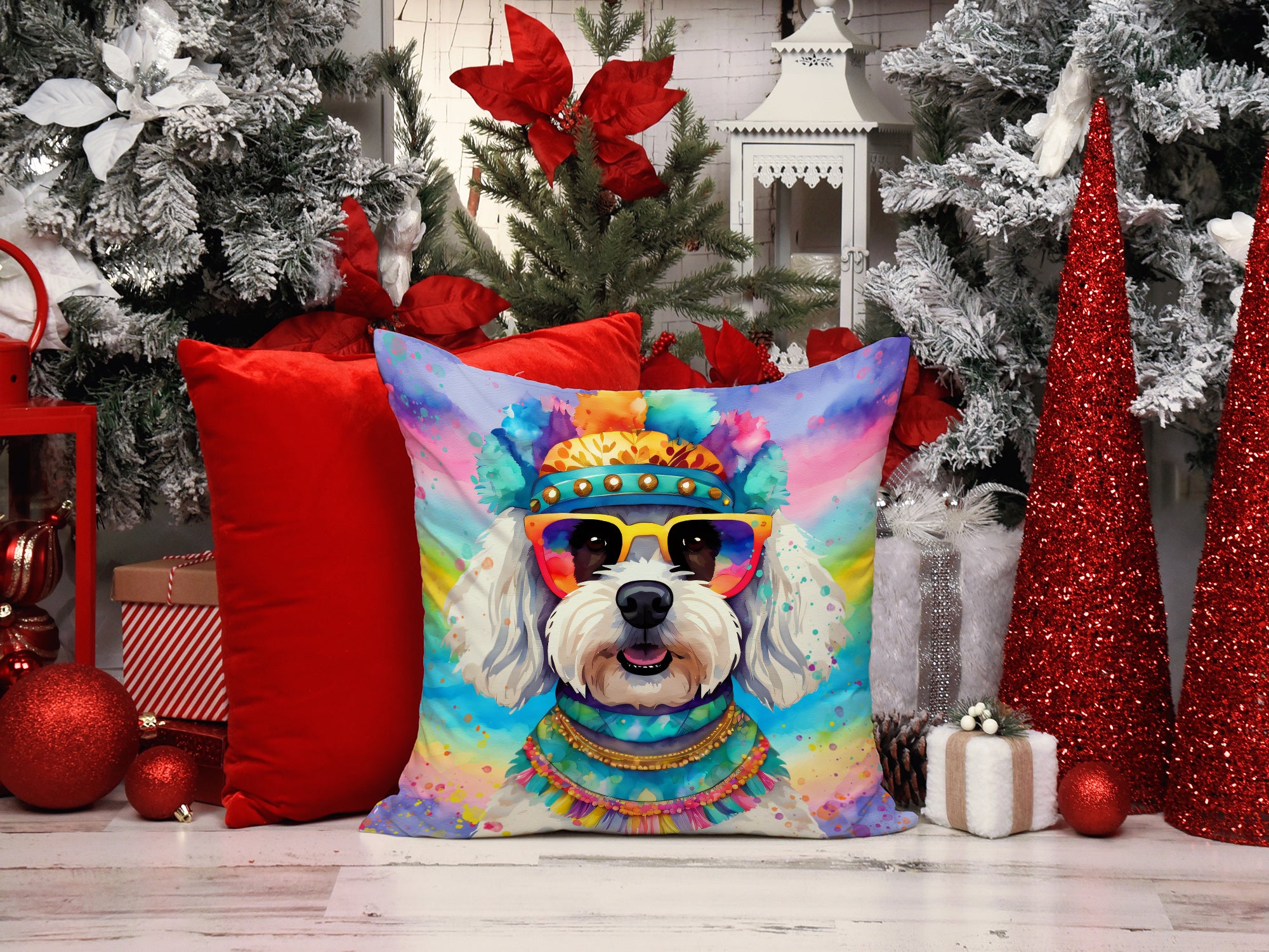 Bichon Frise Hippie Dawg Fabric Decorative Pillow