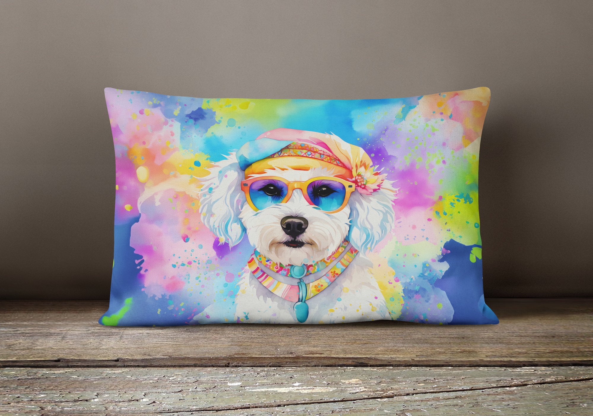 Bichon Frise Hippie Dawg Fabric Decorative Pillow