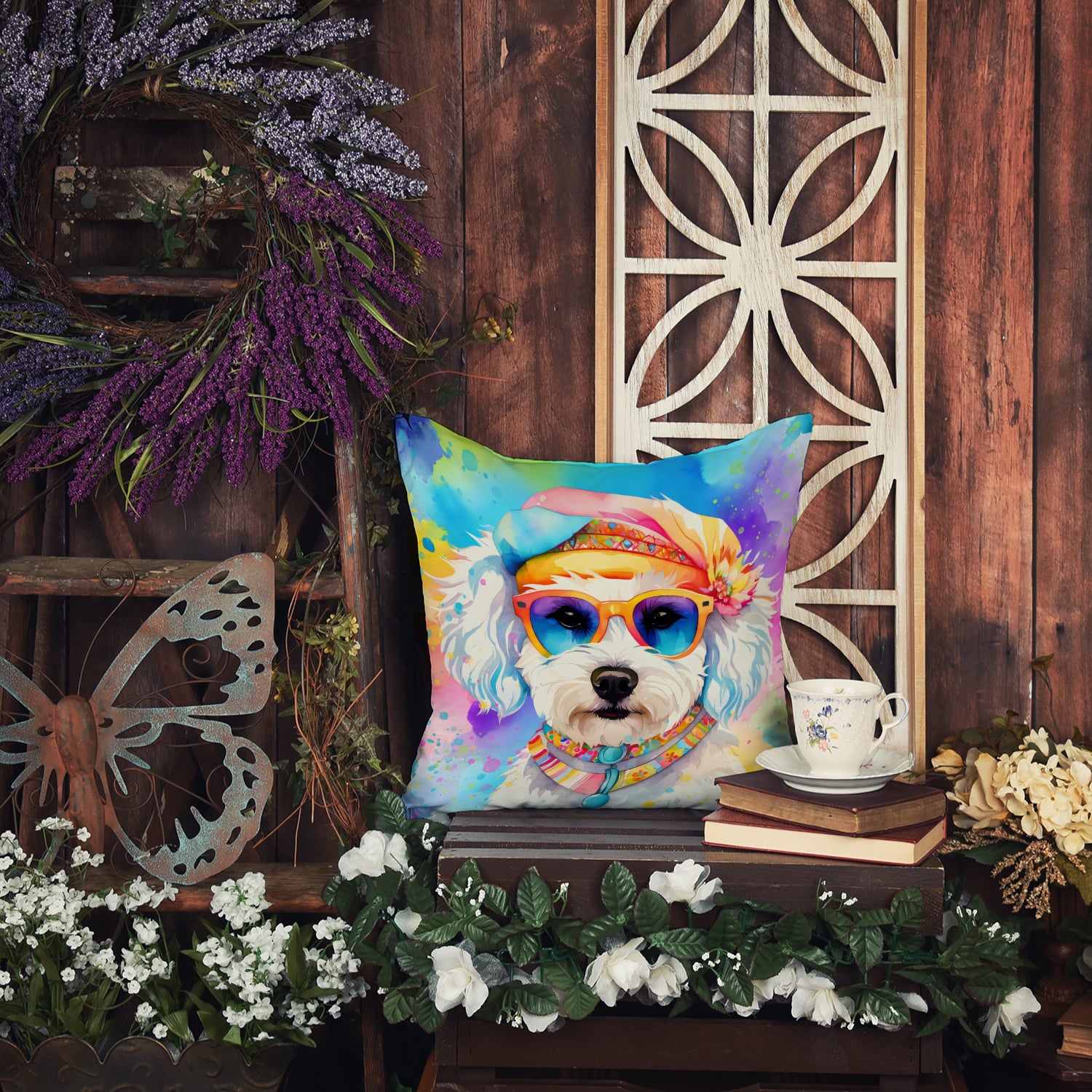 Bichon Frise Hippie Dawg Fabric Decorative Pillow