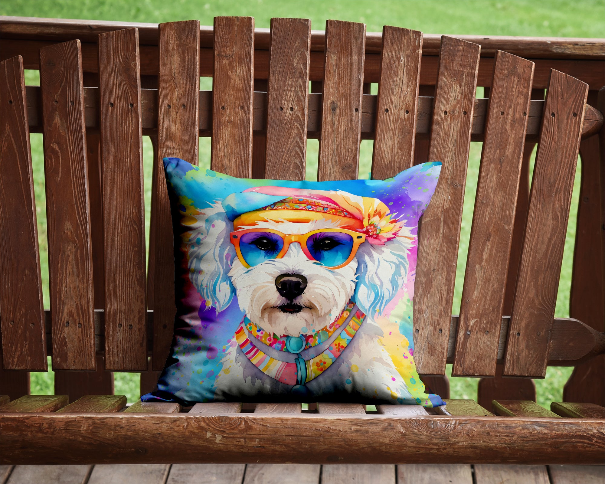 Bichon Frise Hippie Dawg Fabric Decorative Pillow