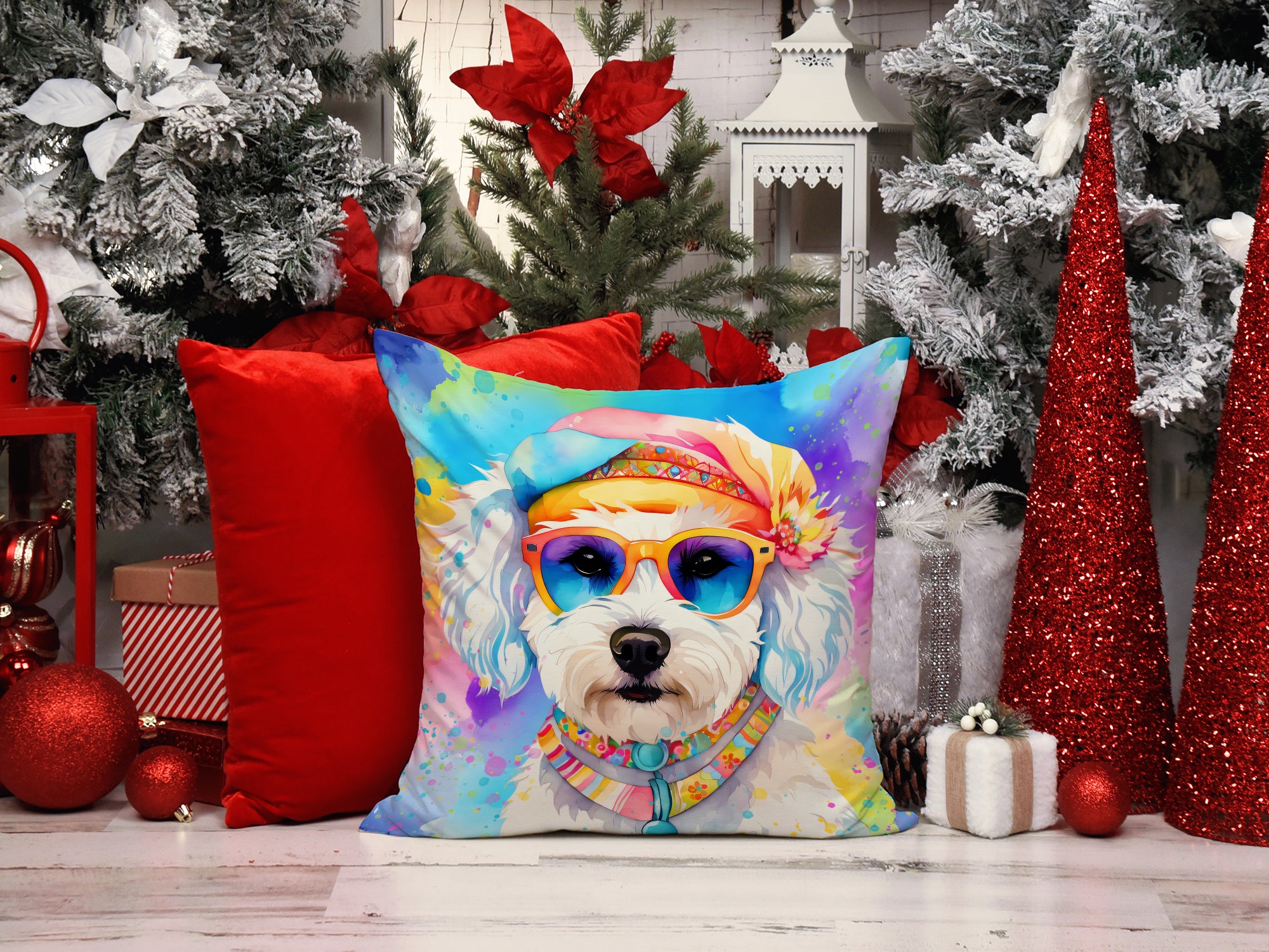 Bichon Frise Hippie Dawg Fabric Decorative Pillow