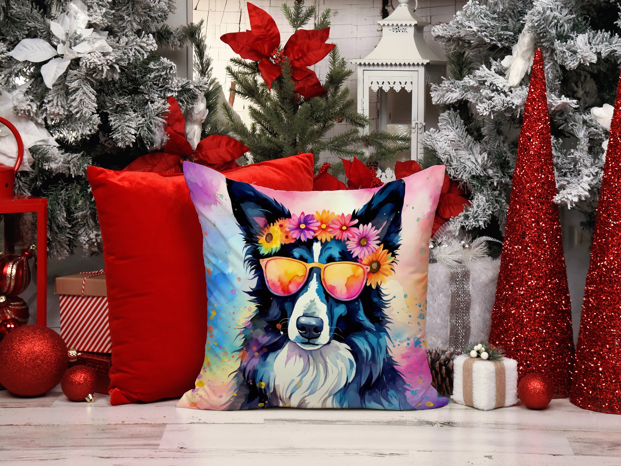 Border Collie Hippie Dawg Fabric Decorative Pillow