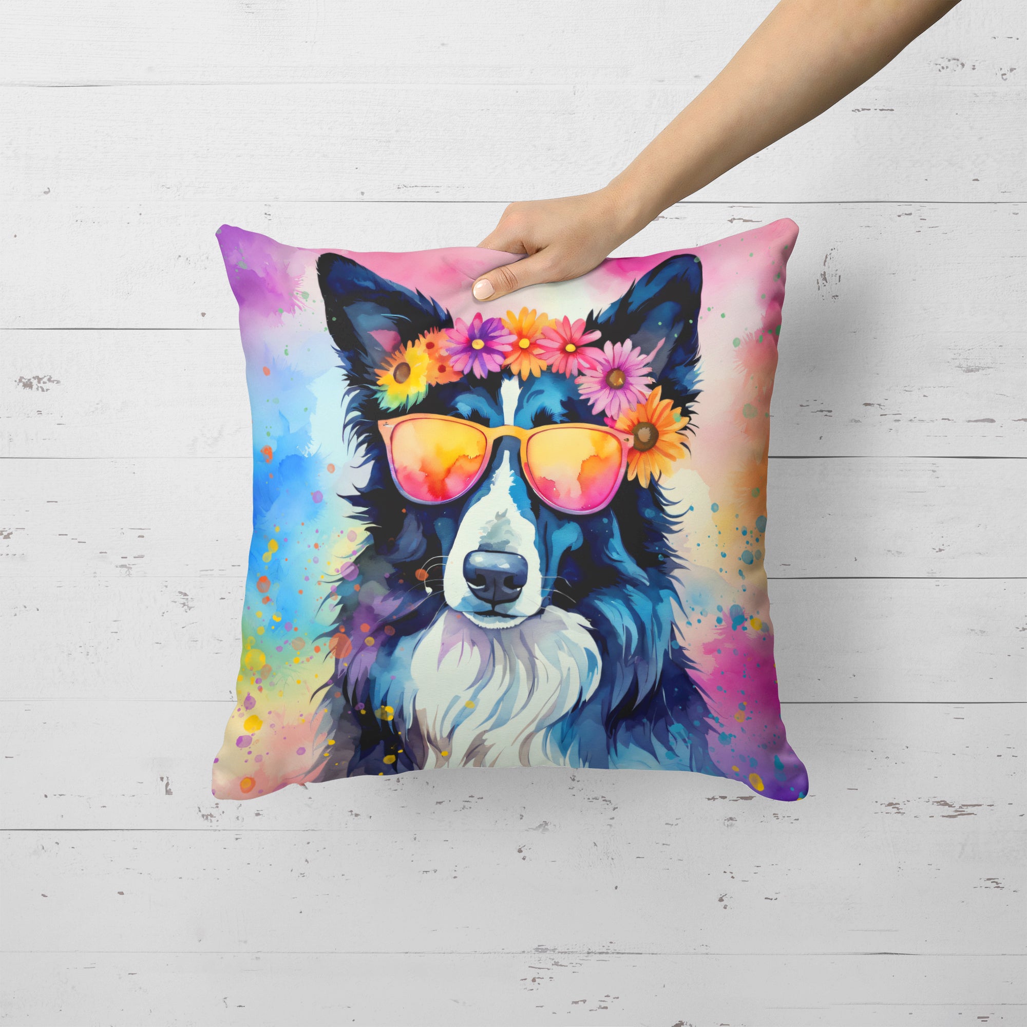 Border Collie Hippie Dawg Fabric Decorative Pillow