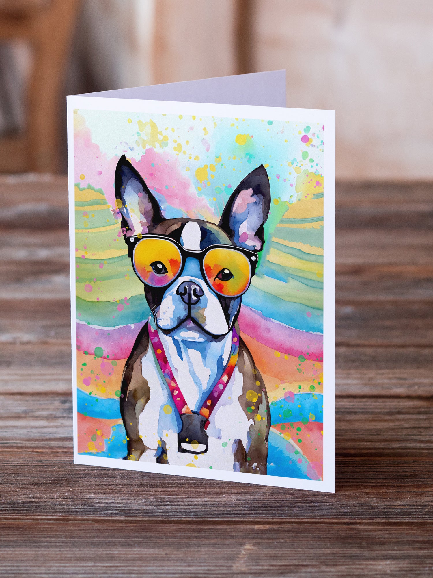 Boston Terrier Hippie Dawg Greeting Cards Pack of 8