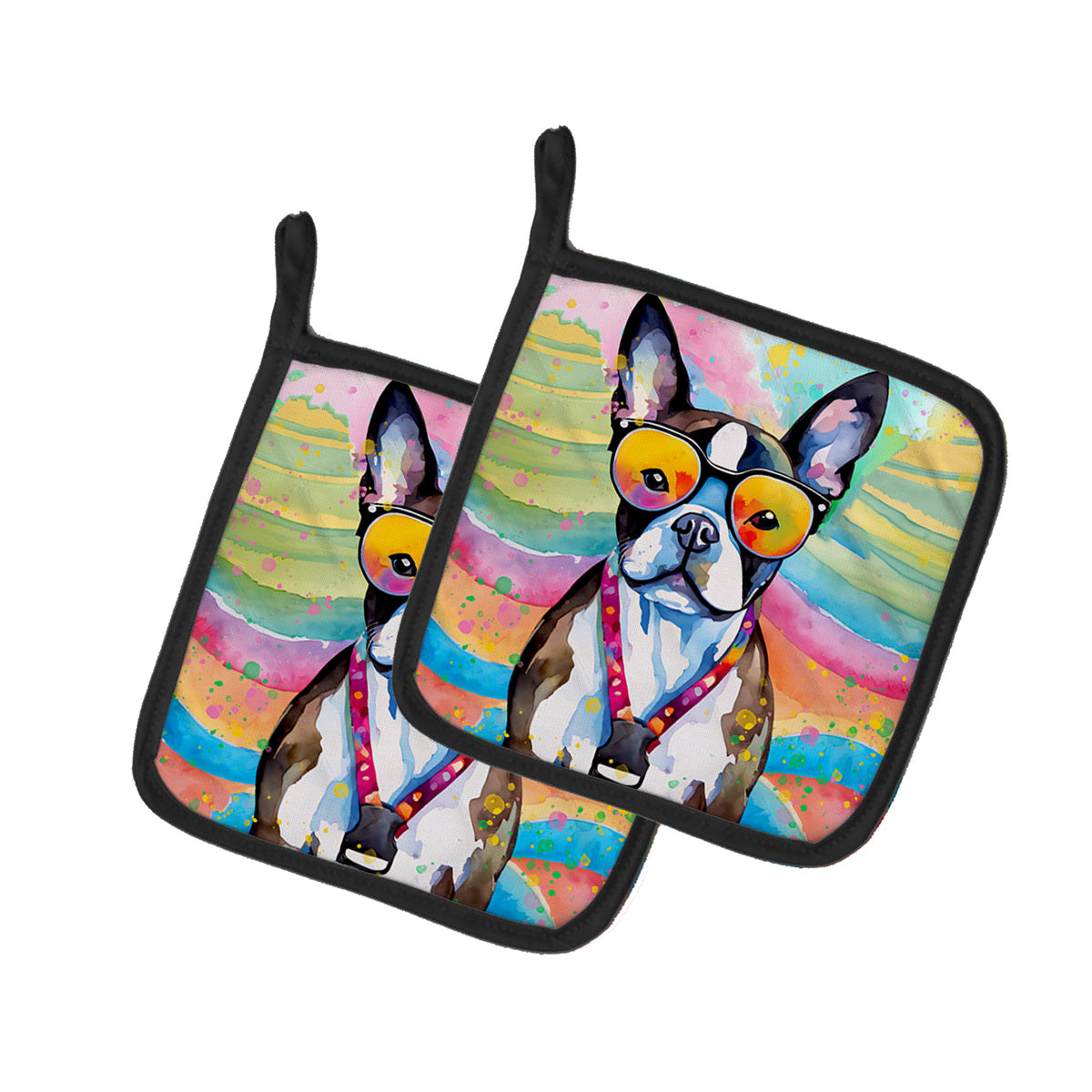 Buy this Boston Terrier Hippie Dawg Pair of Pot Holders