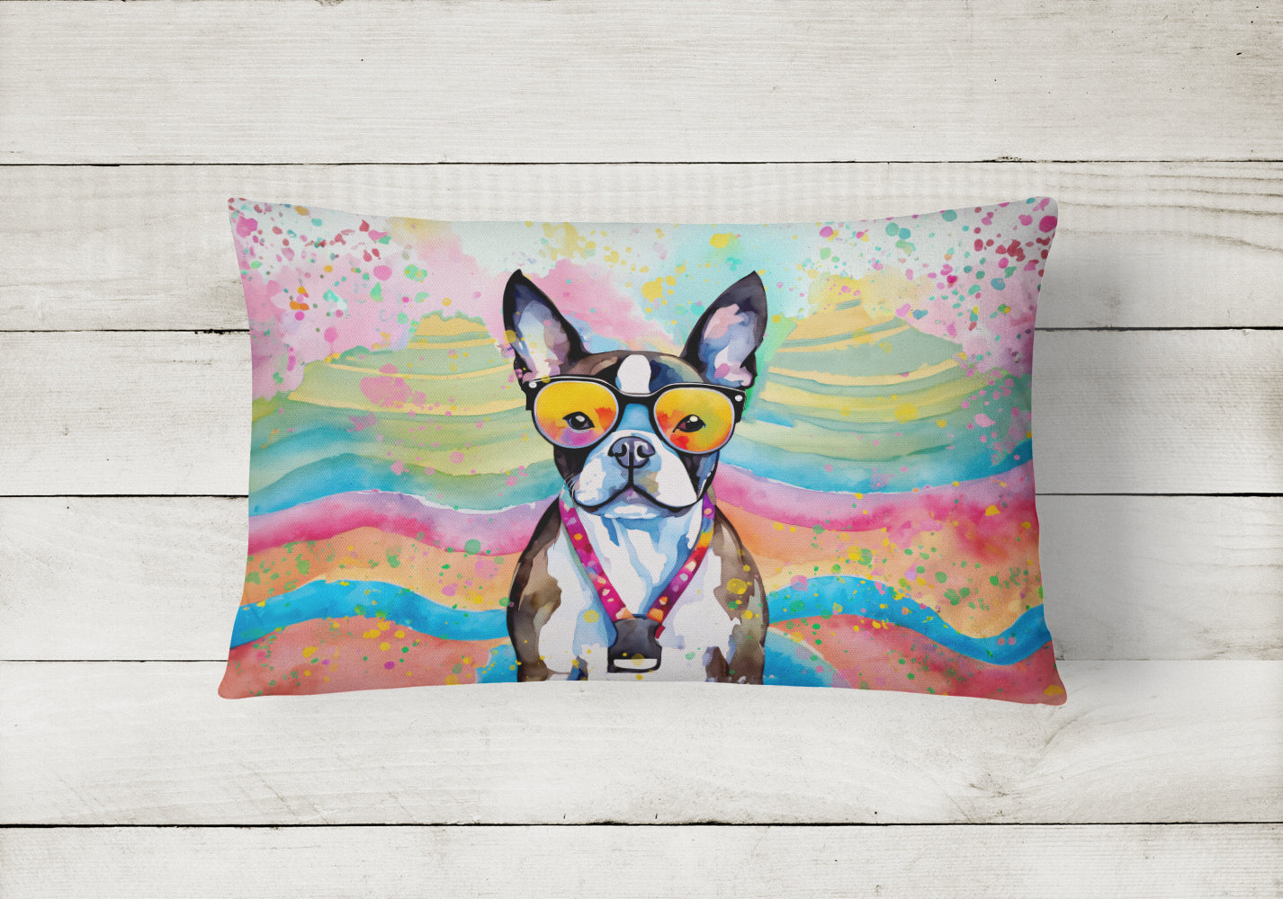 Boston Terrier Hippie Dawg Fabric Decorative Pillow