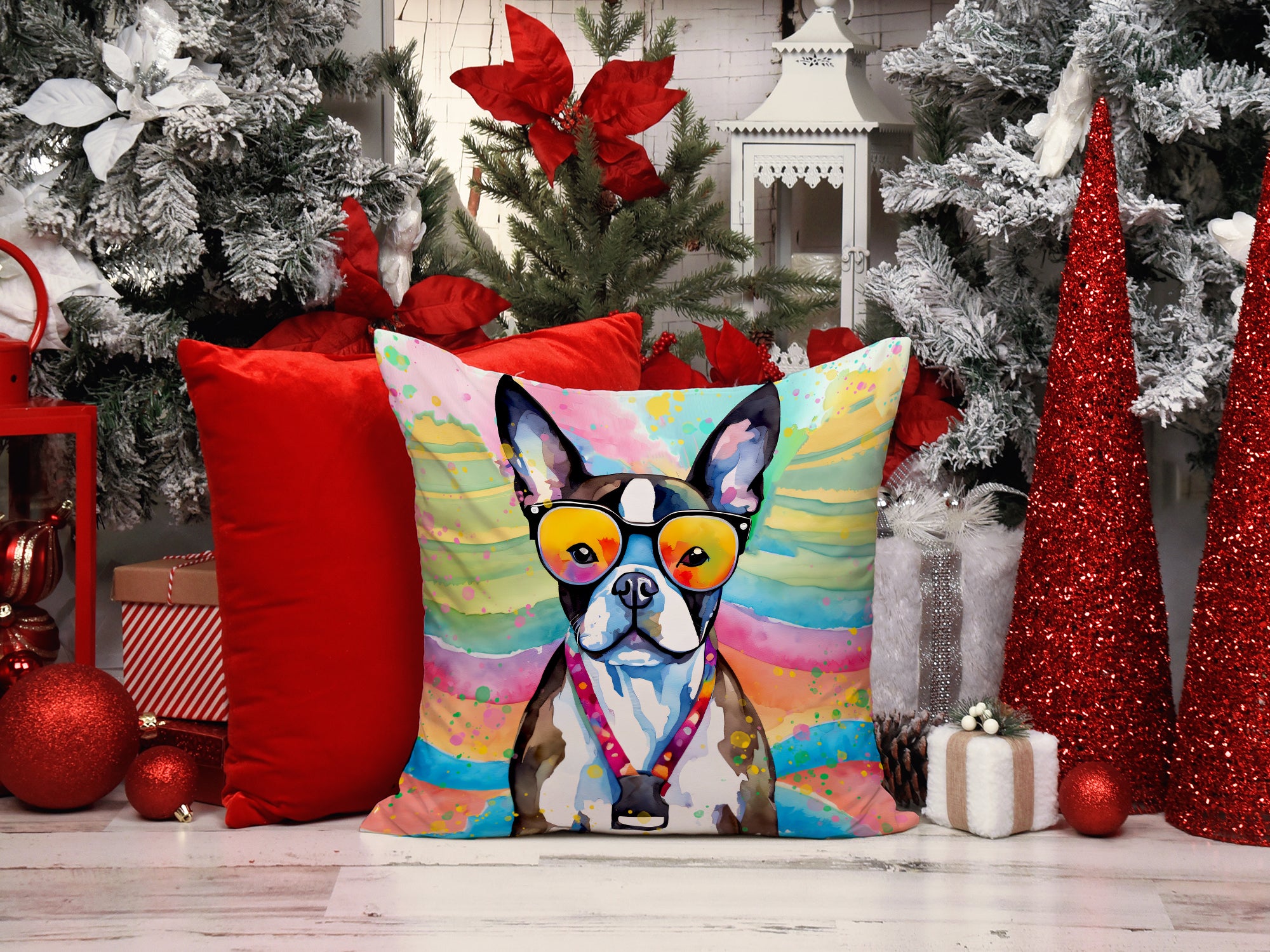 Boston Terrier Hippie Dawg Fabric Decorative Pillow