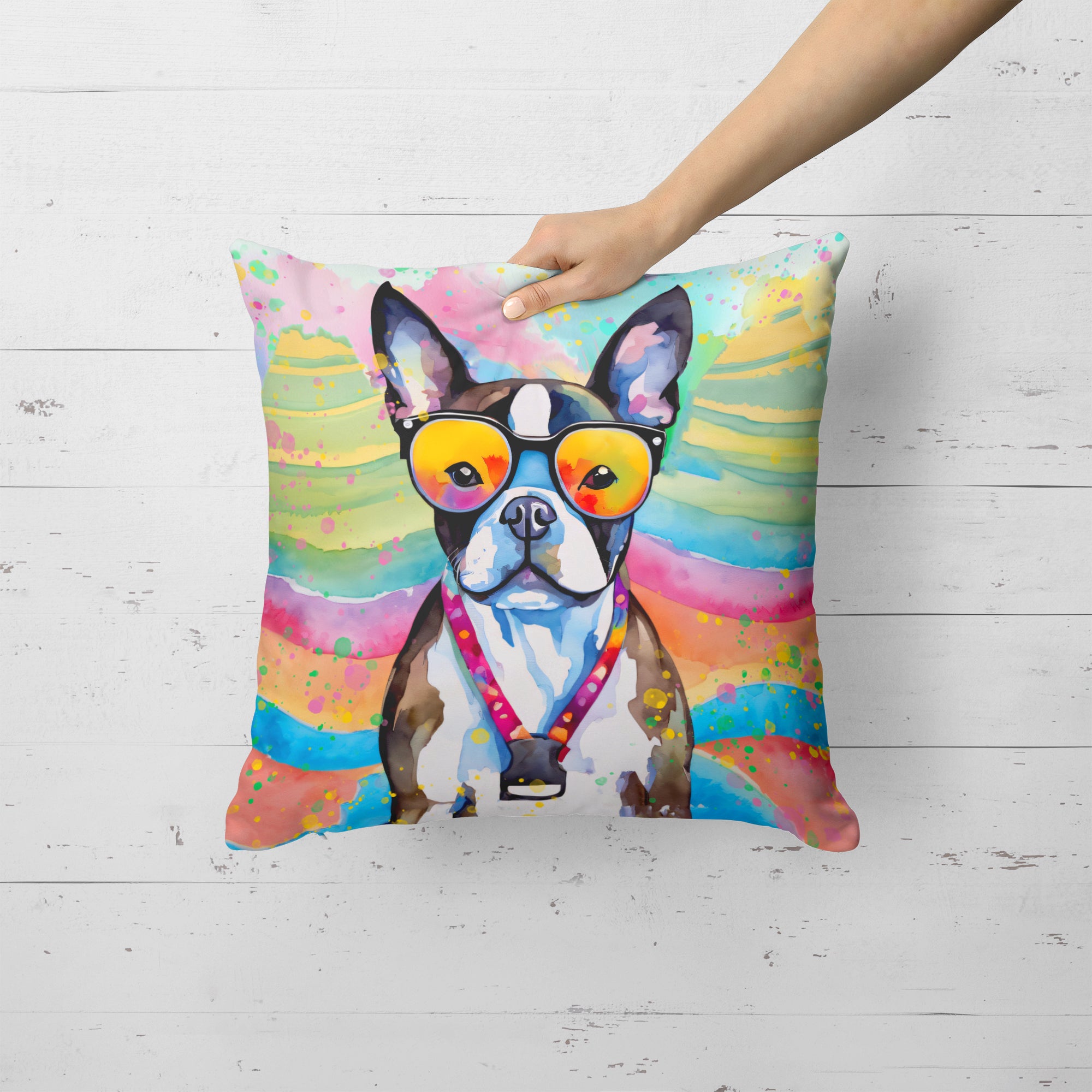 Boston Terrier Hippie Dawg Fabric Decorative Pillow