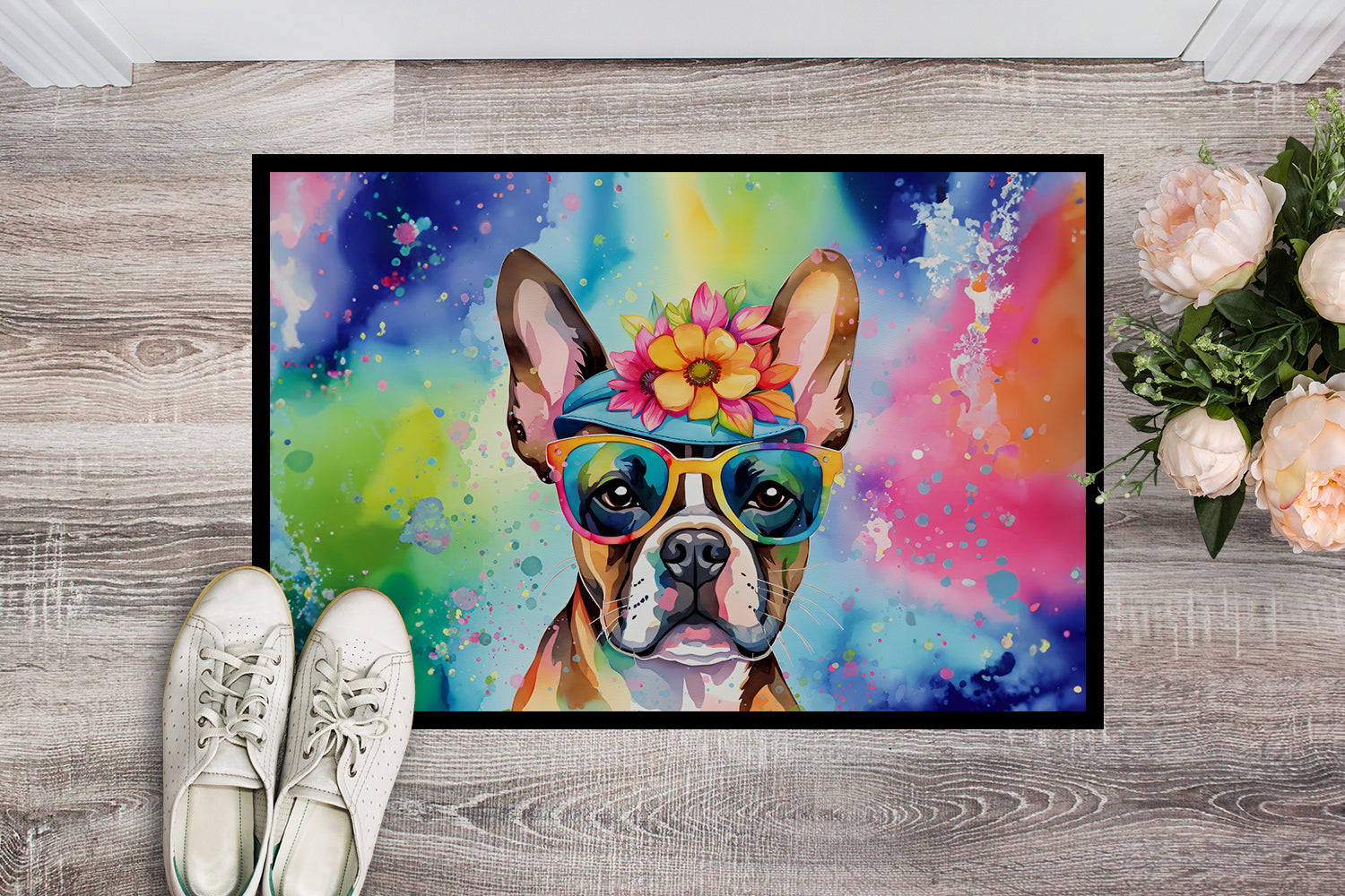 Buy this Boston Terrier Hippie Dawg Indoor or Outdoor Mat 24x36