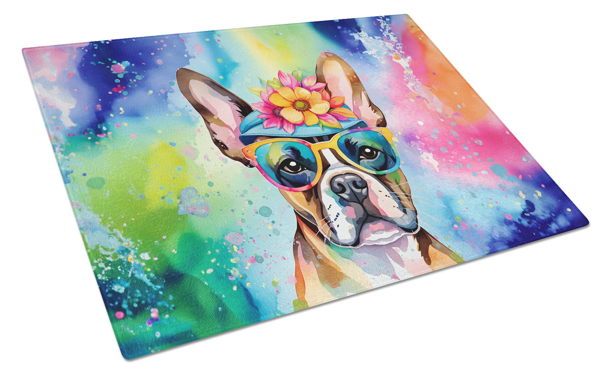 Buy this Boston Terrier Hippie Dawg Glass Cutting Board Large