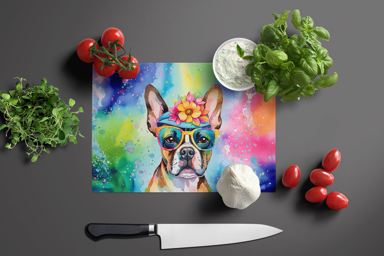 Boston Terrier Hippie Dawg Glass Cutting Board Large