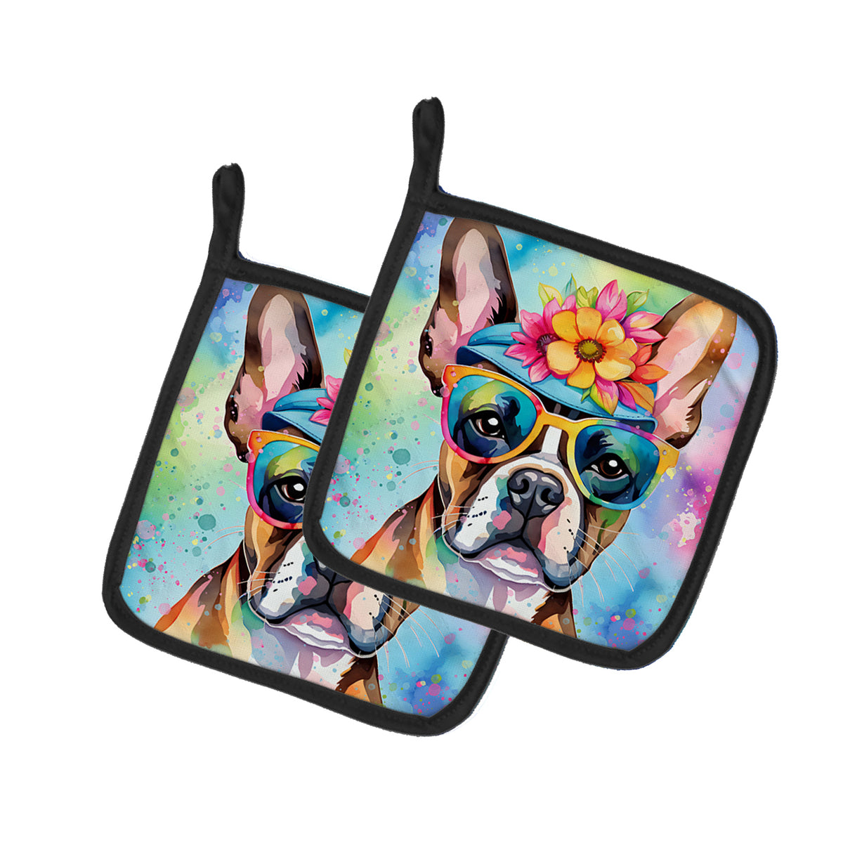 Buy this Boston Terrier Hippie Dawg Pair of Pot Holders