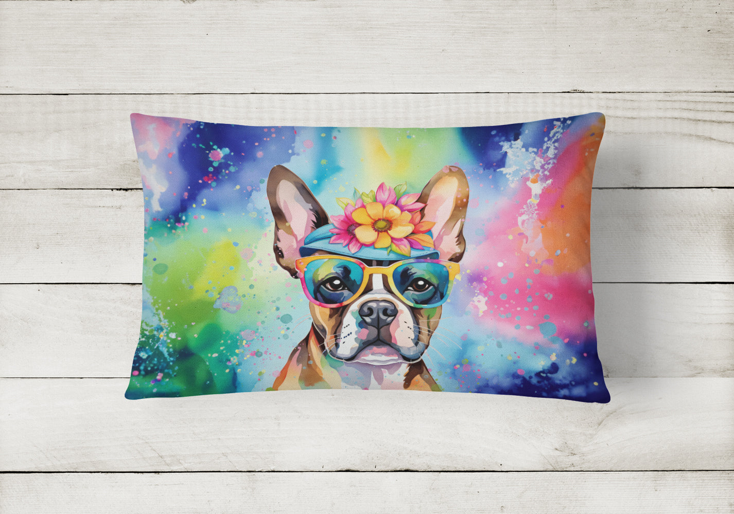 Buy this Boston Terrier Hippie Dawg Fabric Decorative Pillow