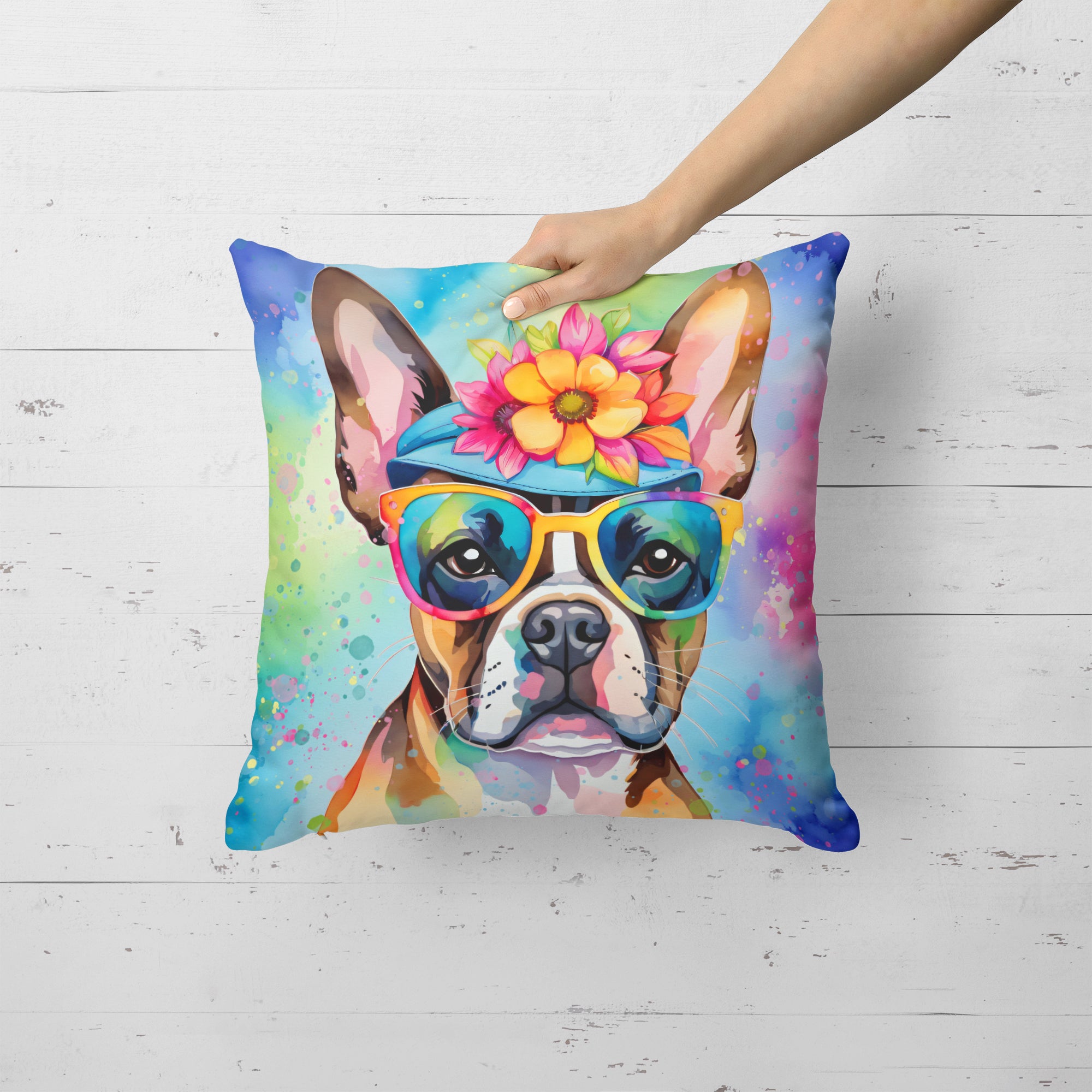 Boston Terrier Hippie Dawg Fabric Decorative Pillow