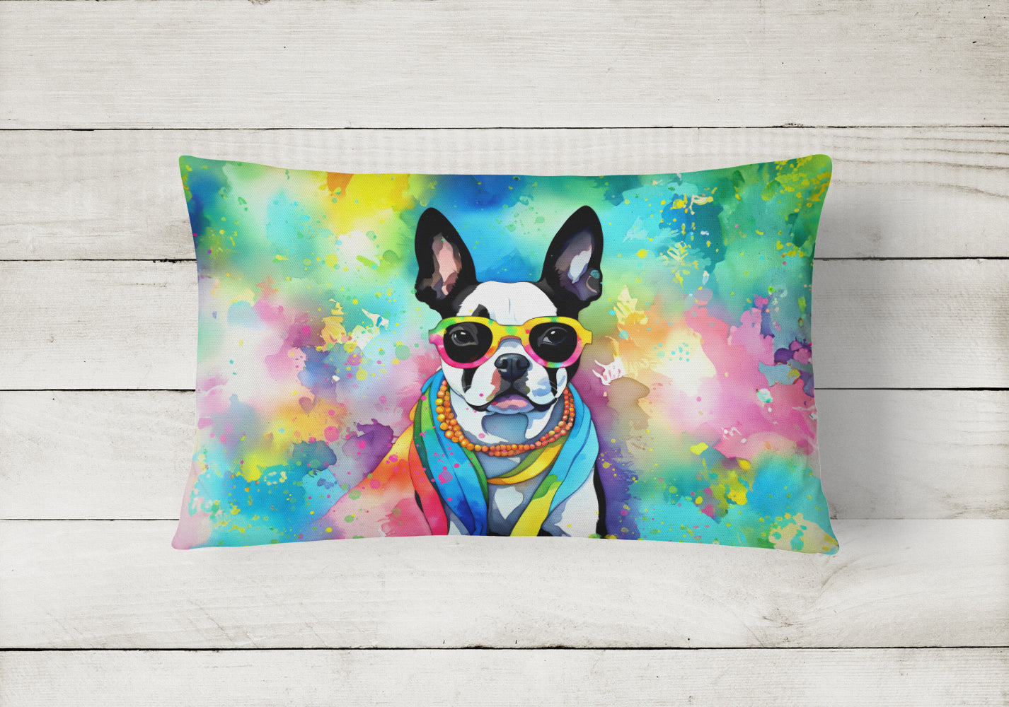 Boston Terrier Hippie Dawg Fabric Decorative Pillow