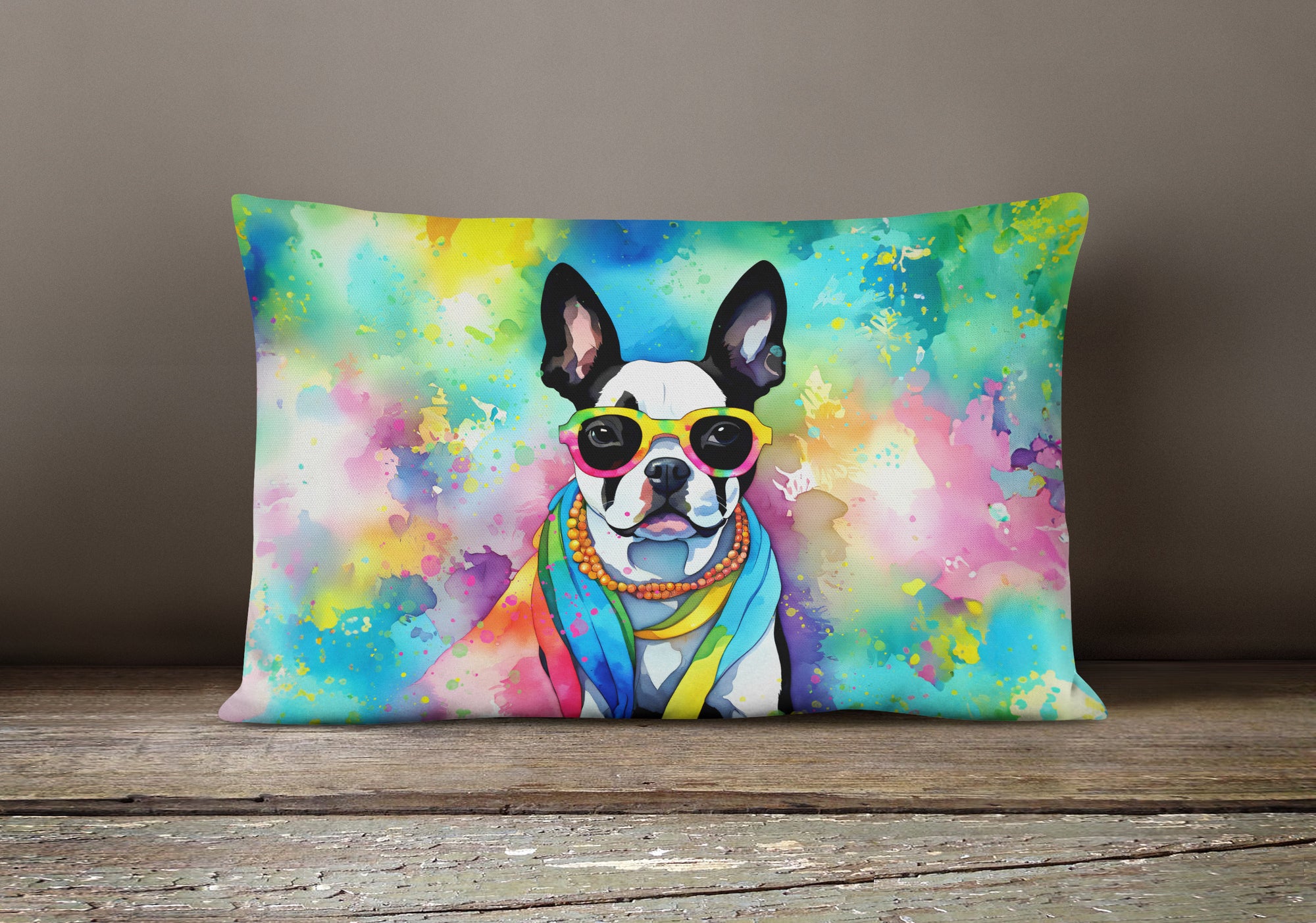 Boston Terrier Hippie Dawg Fabric Decorative Pillow