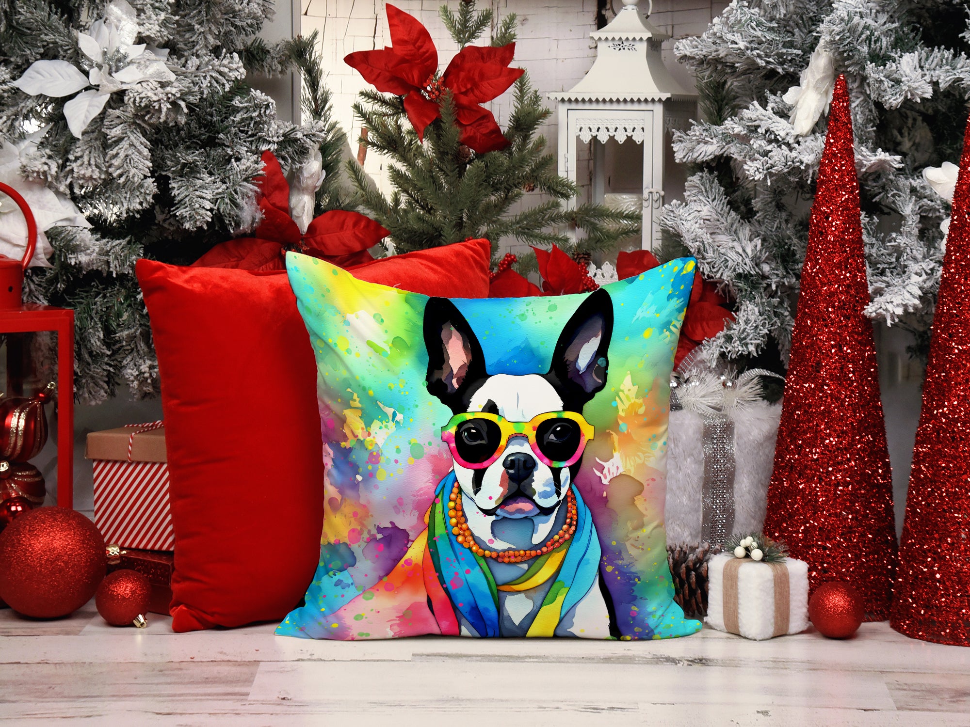 Boston Terrier Hippie Dawg Fabric Decorative Pillow