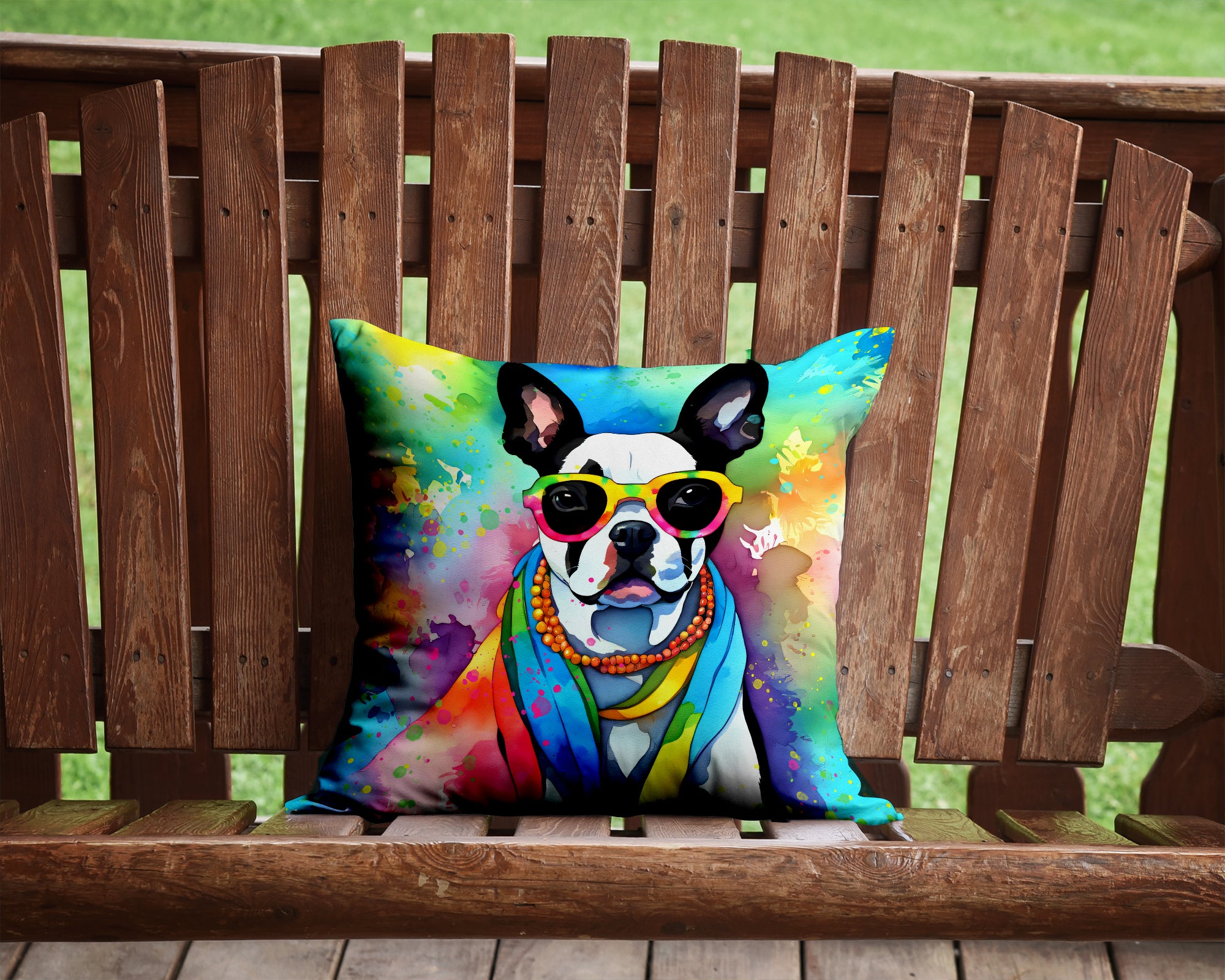 Boston Terrier Hippie Dawg Fabric Decorative Pillow