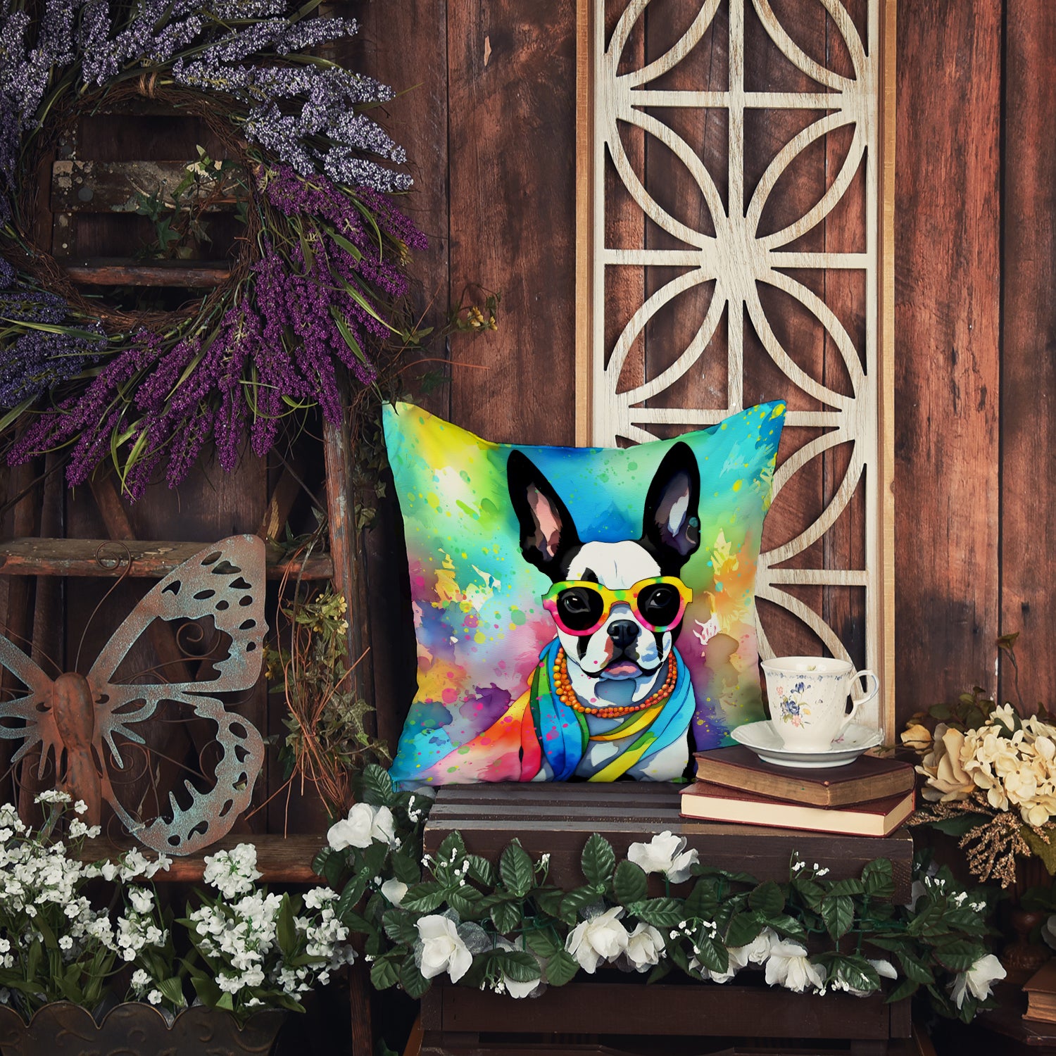 Boston Terrier Hippie Dawg Fabric Decorative Pillow