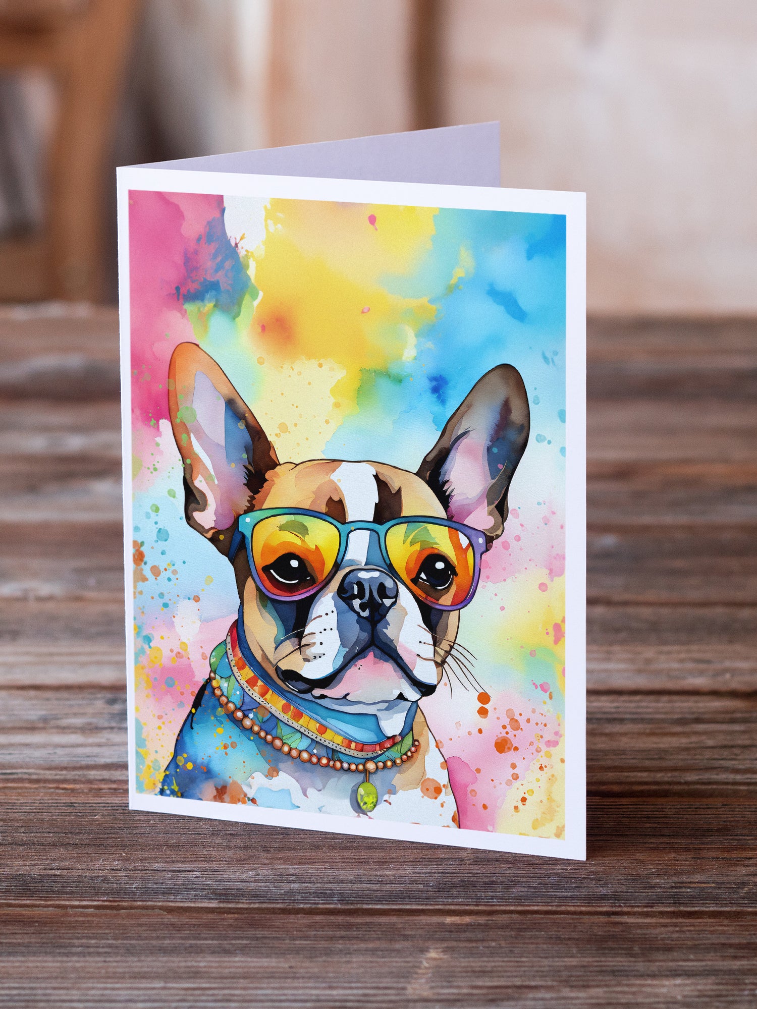 Boston Terrier Hippie Dawg Greeting Cards Pack of 8