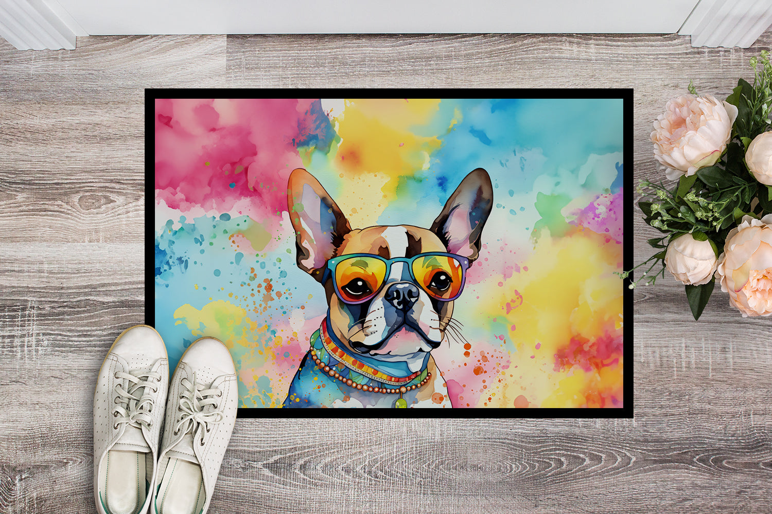 Buy this Boston Terrier Hippie Dawg Indoor or Outdoor Mat 24x36