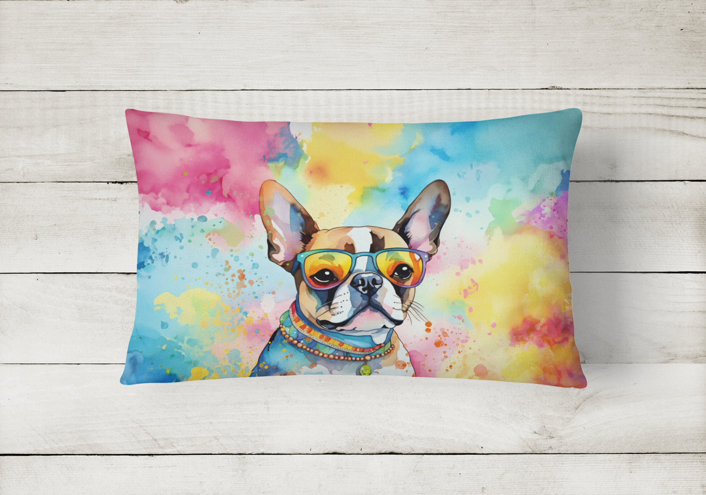 Buy this Boston Terrier Hippie Dawg Fabric Decorative Pillow