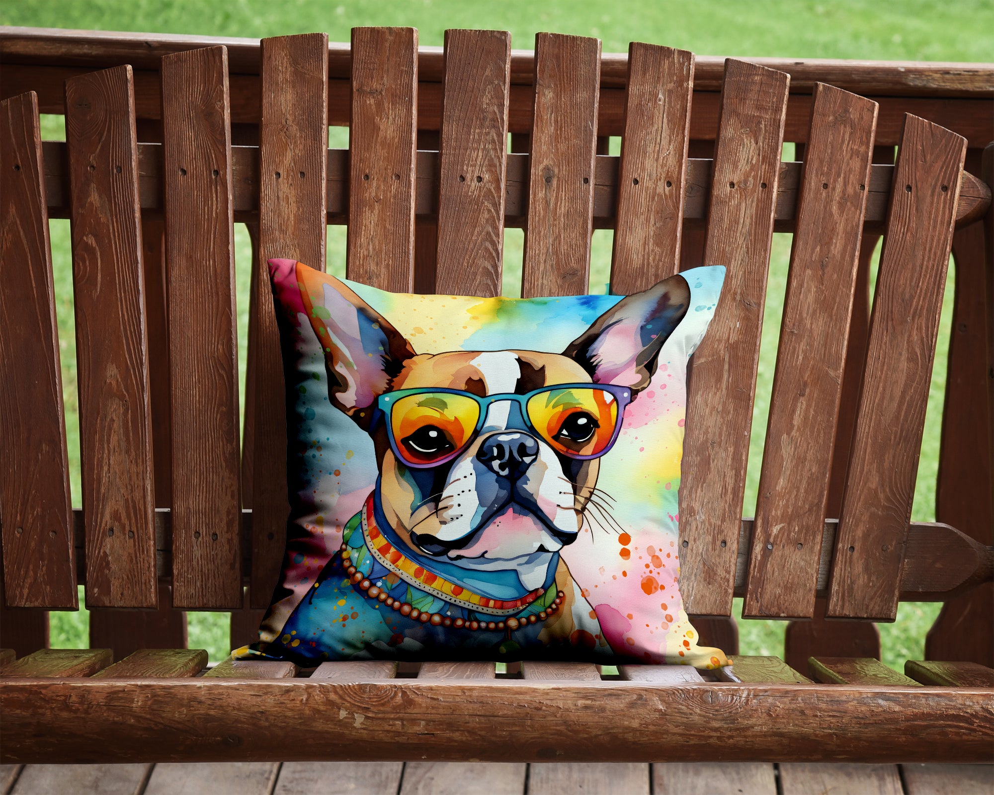 Boston Terrier Hippie Dawg Fabric Decorative Pillow