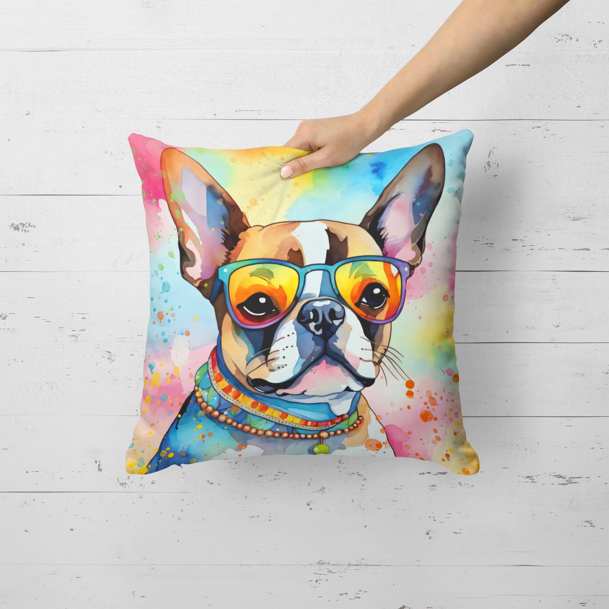 Boston Terrier Hippie Dawg Fabric Decorative Pillow